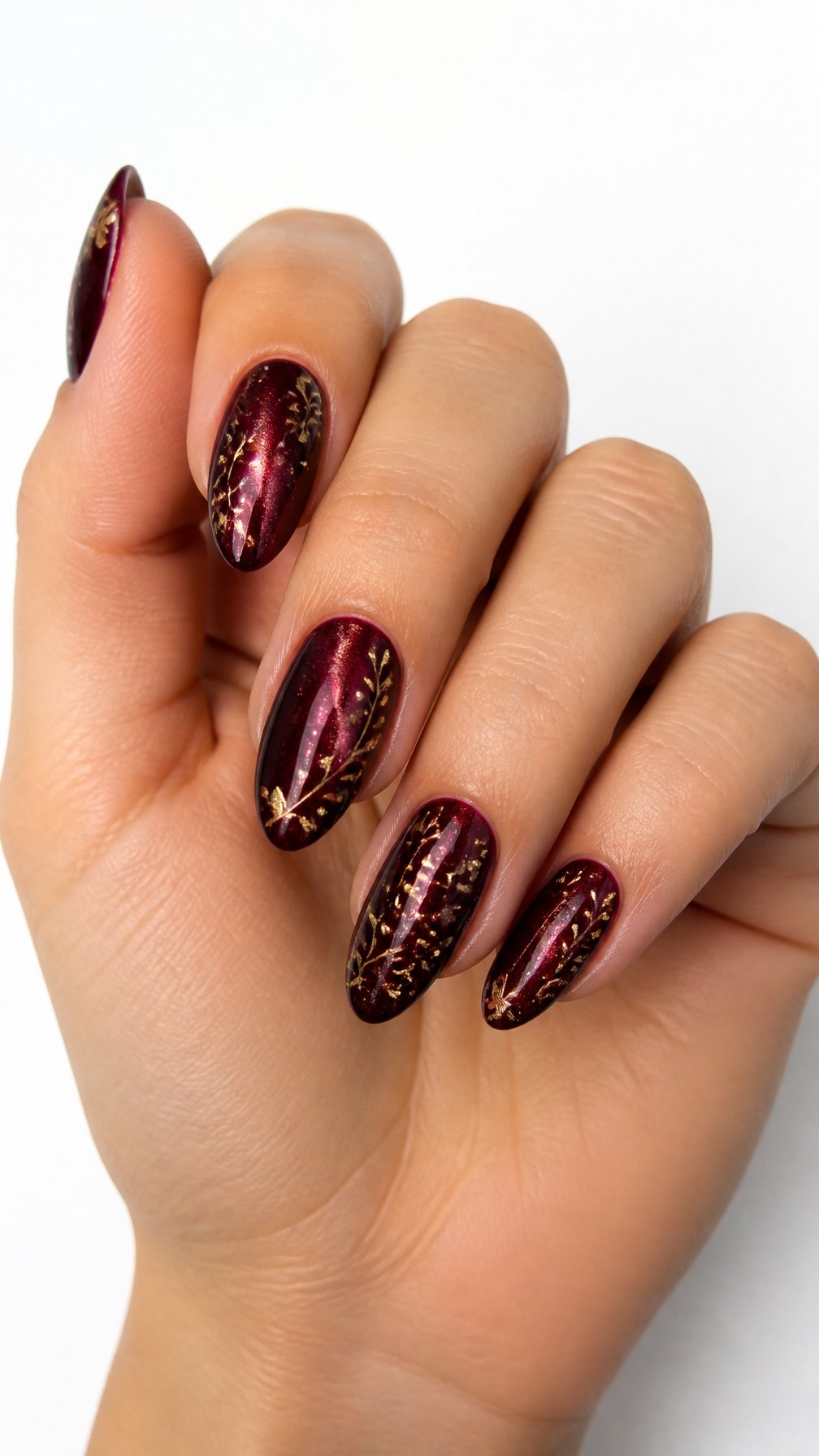 A single hand with burgundy velvet almond-shaped manicured nails decorated with delicate gold accents on a white background.