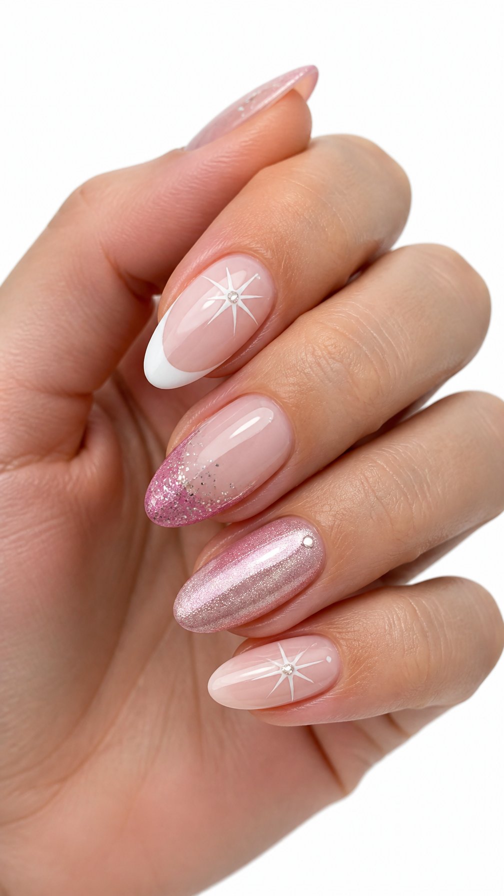 A single hand with glossy nude and pink decorated manicure posed against a white background.