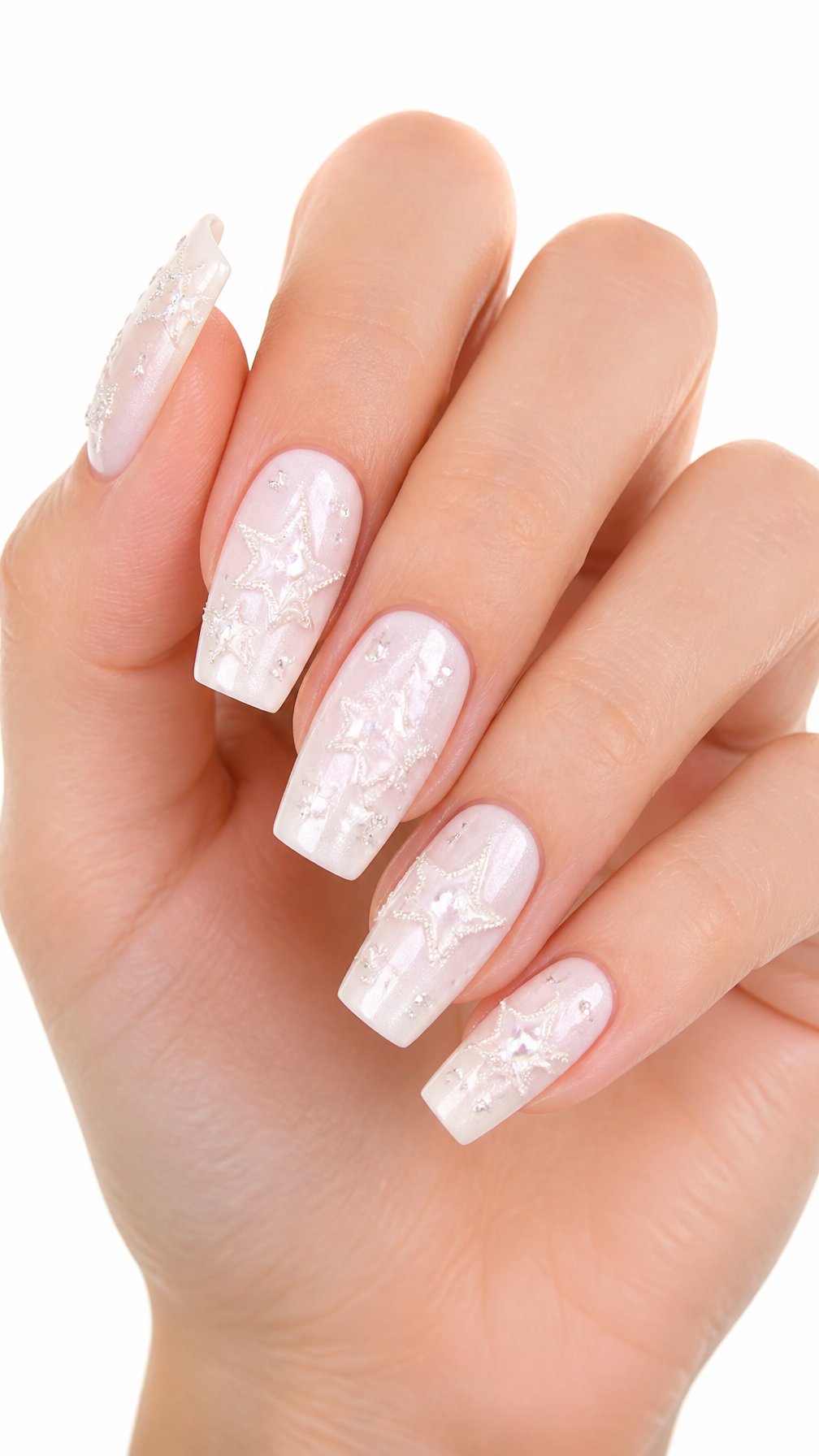 One hand with glossy white manicured nails decorated with small rhinestone stars against a white background.