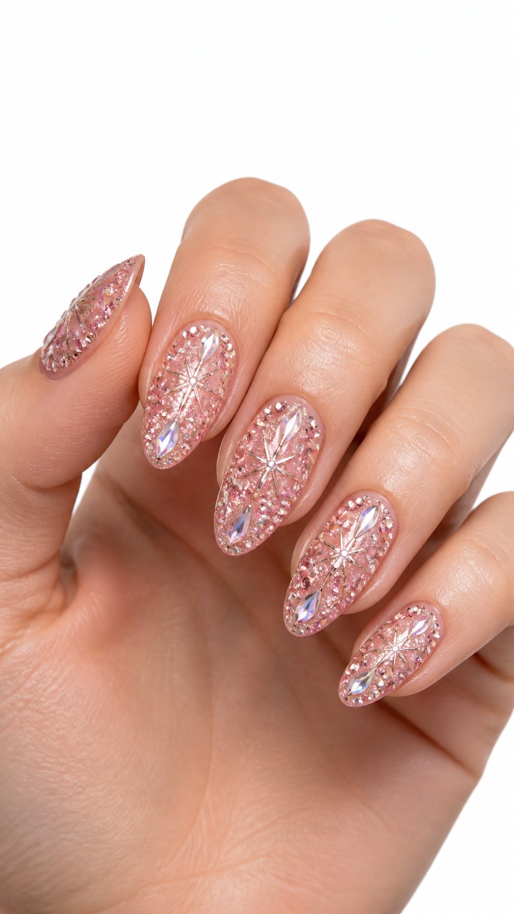 A single hand displays long pink sequined nails with sparkling rhinestone accents against a white background.