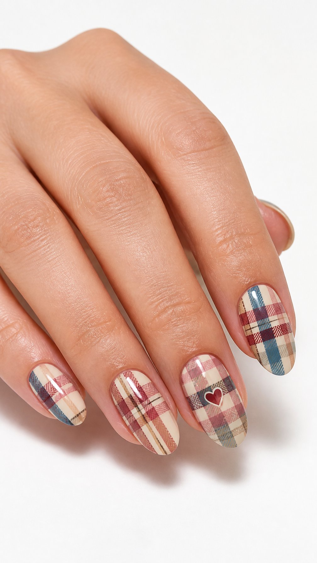 A single hand with almond-shaped nails featuring cream, blue, tan, pink, and burgundy plaid designs on a white background.