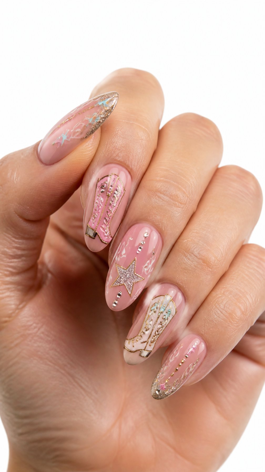 A single hand displays glittering cowboy boot-themed nail art against a white background.