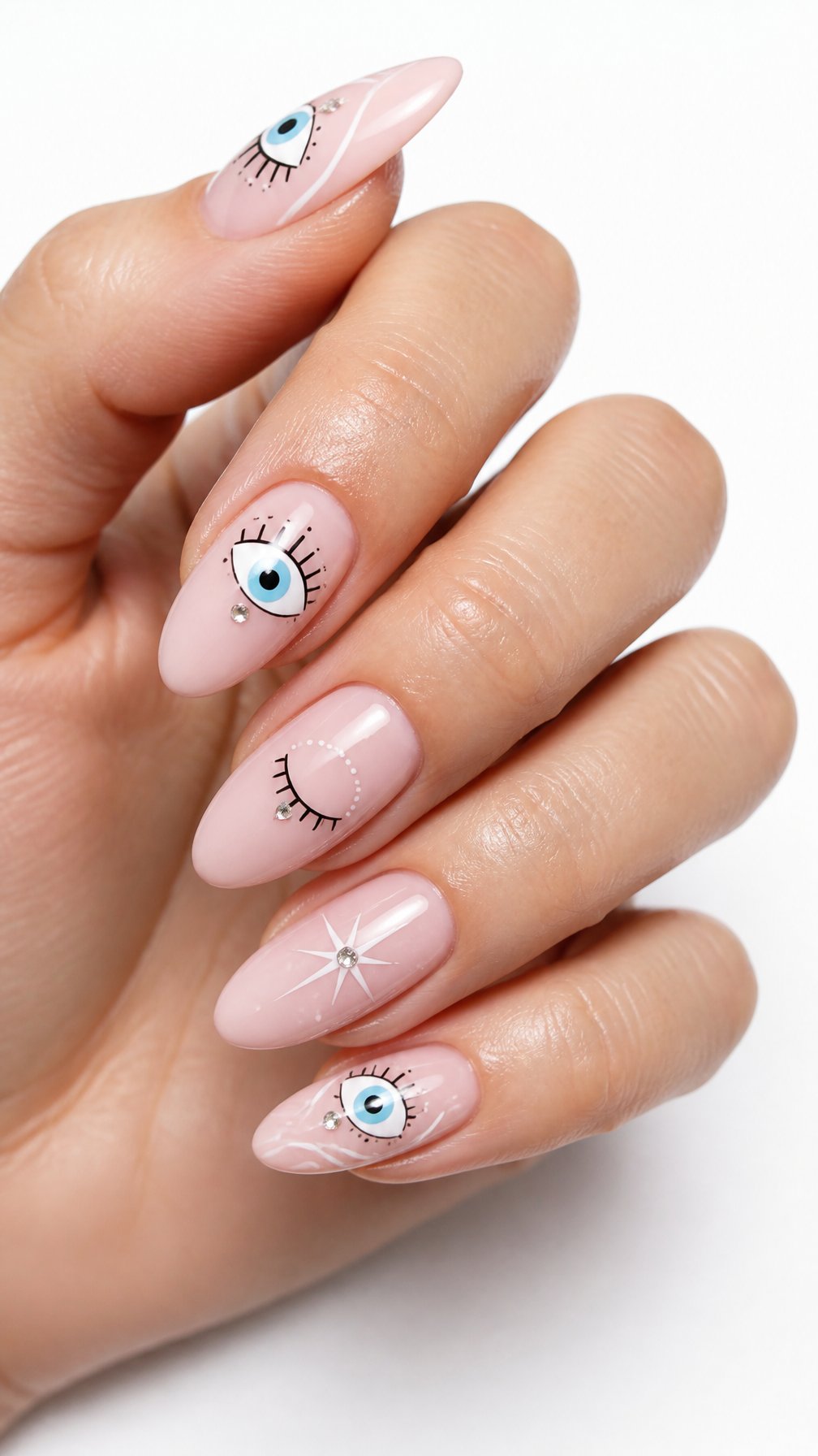 A single hand displays glossy pink almond-shaped nails decorated with small eye designs and blue accents against a white background.
