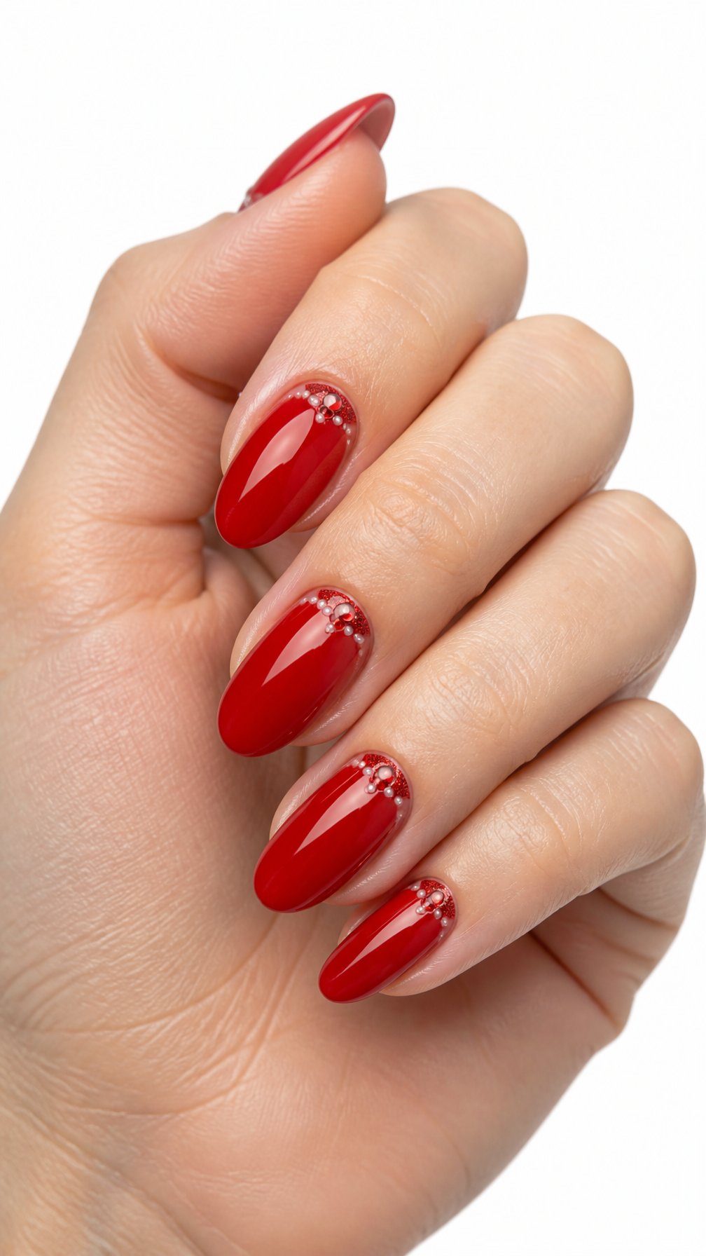 A single hand with glossy classic red almond-shaped manicure against a white background.