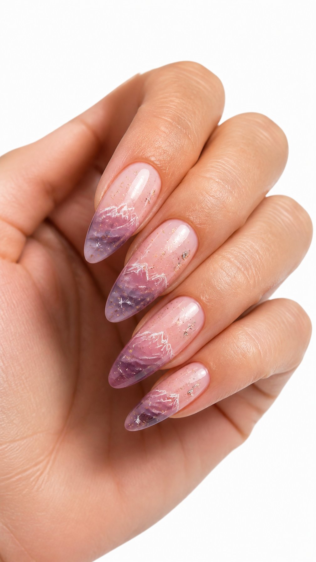 A single hand with glossy pink ombre nails decorated with delicate mountain and star designs against a white background.