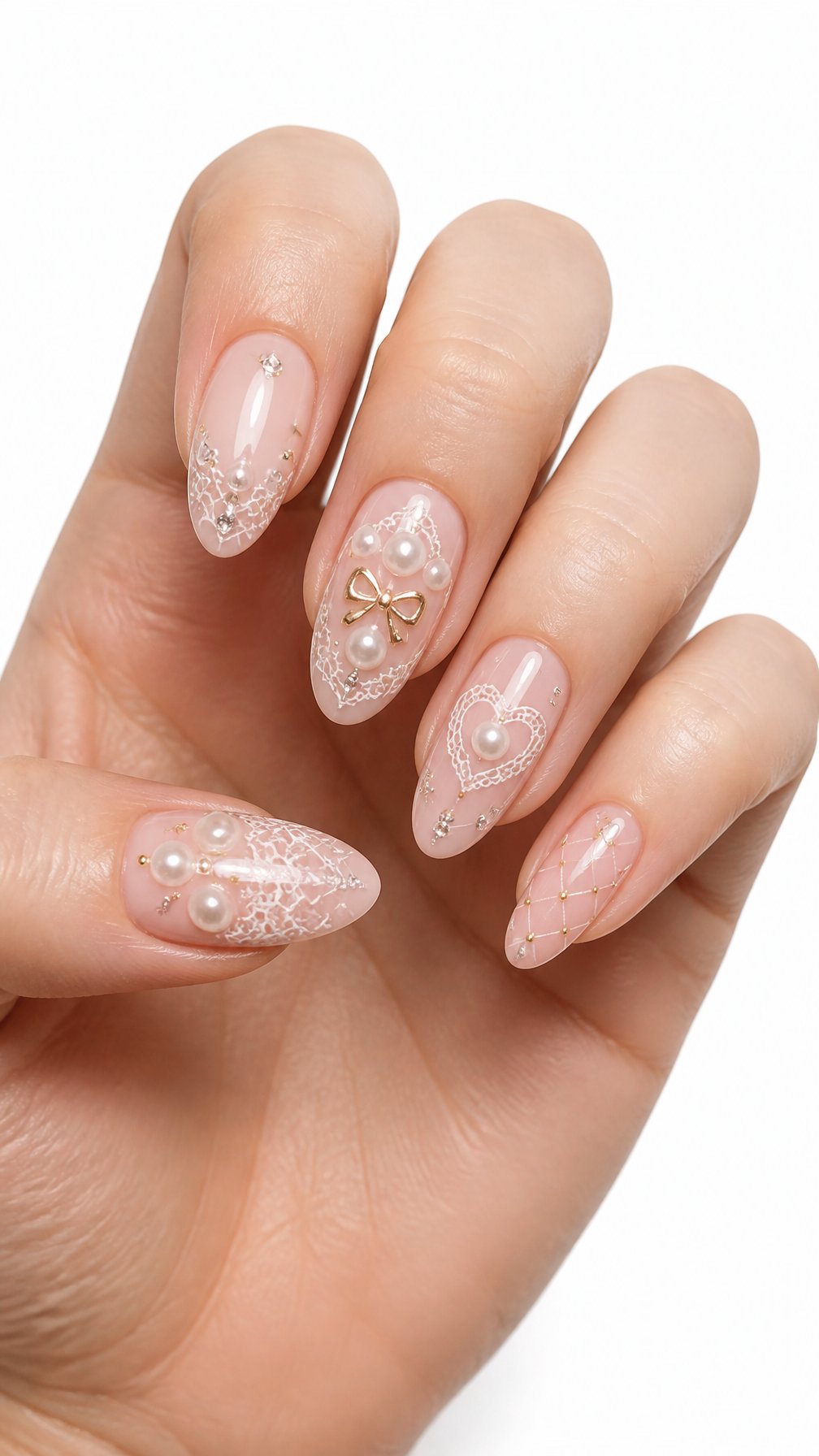 A single hand displays almond-shaped pink nails decorated with pearls and delicate gold accents against a white background.