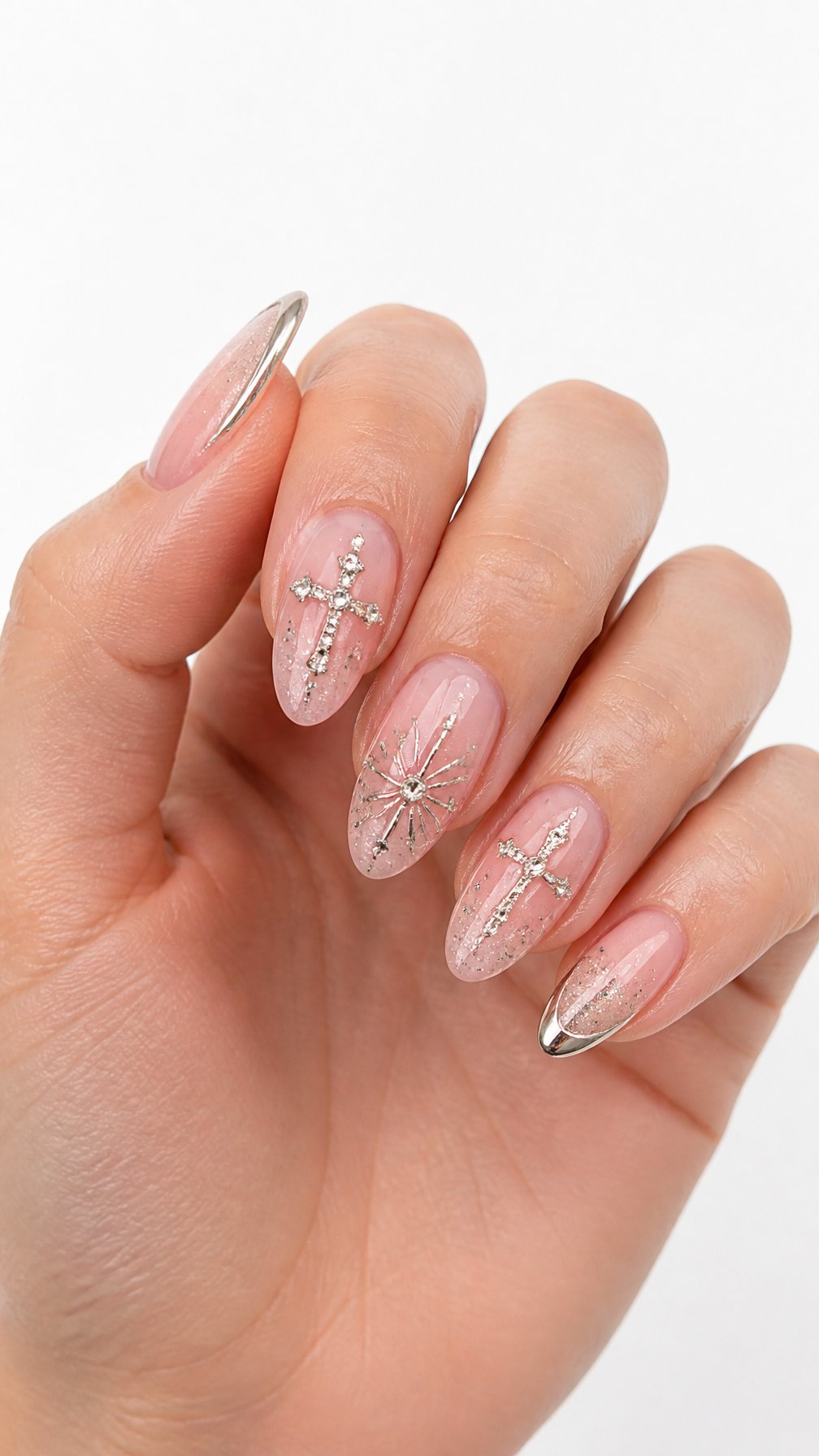 A single hand with glossy pink nails decorated with sparkling silver cross designs on a white background.