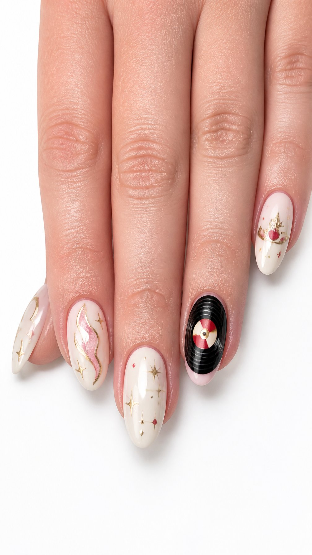A single hand displays a vintage-inspired manicure with black vinyl record artwork on one accent nail.