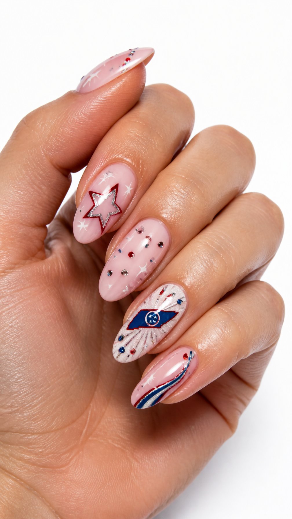 A single hand with glossy manicured nails featuring Tennessee-shaped designs and red, white, and blue decorative details.