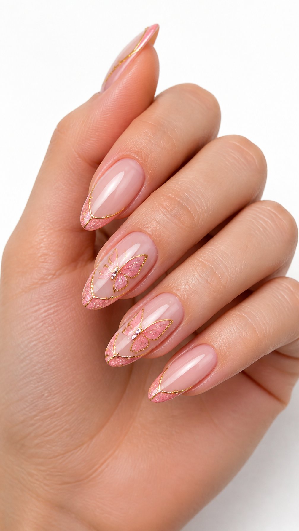 A single hand with glossy pink, gold, and butterfly French-tip nail art rests against a white background.
