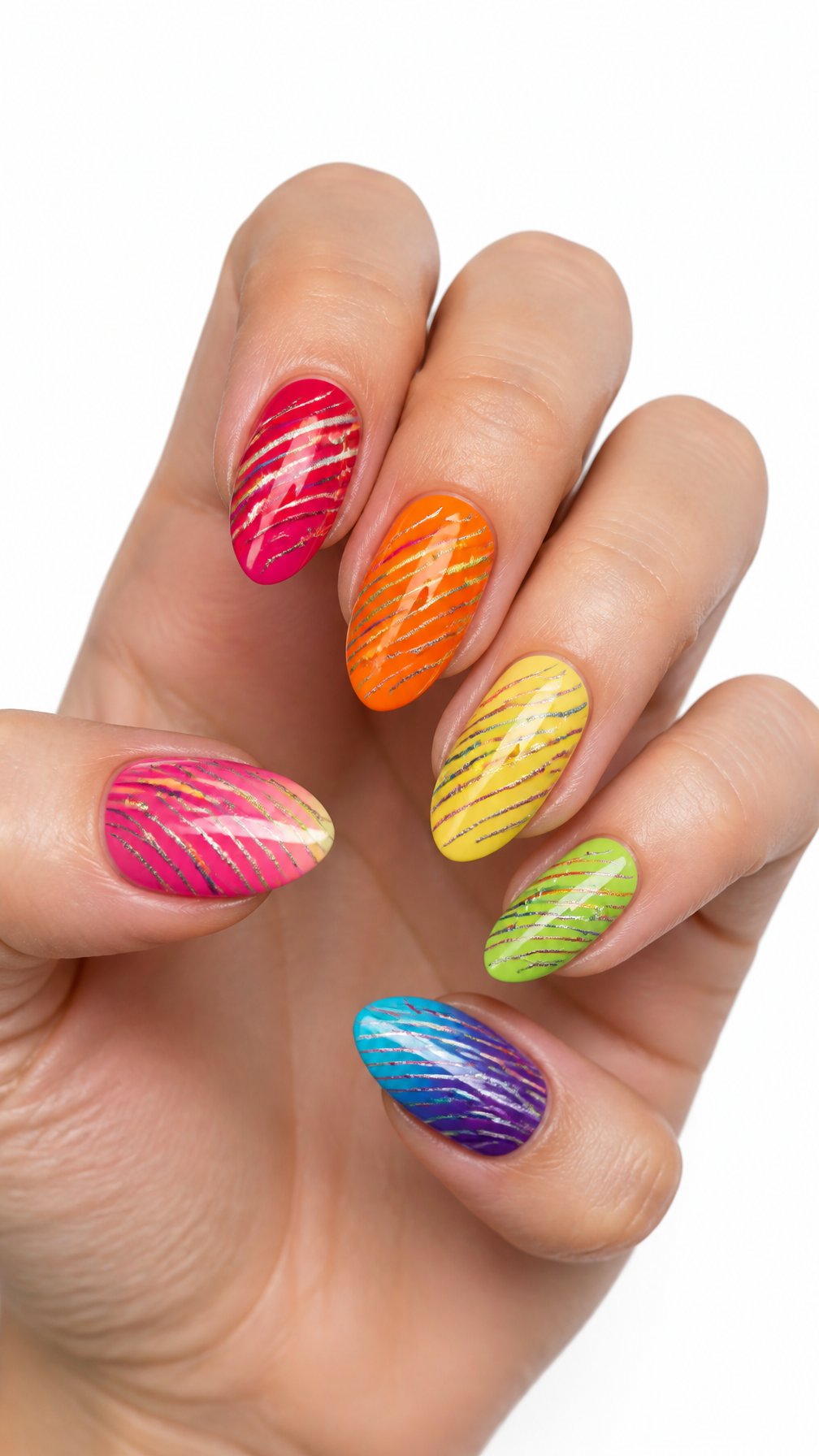 A single hand with glossy rainbow-striped manicure against a white background.
