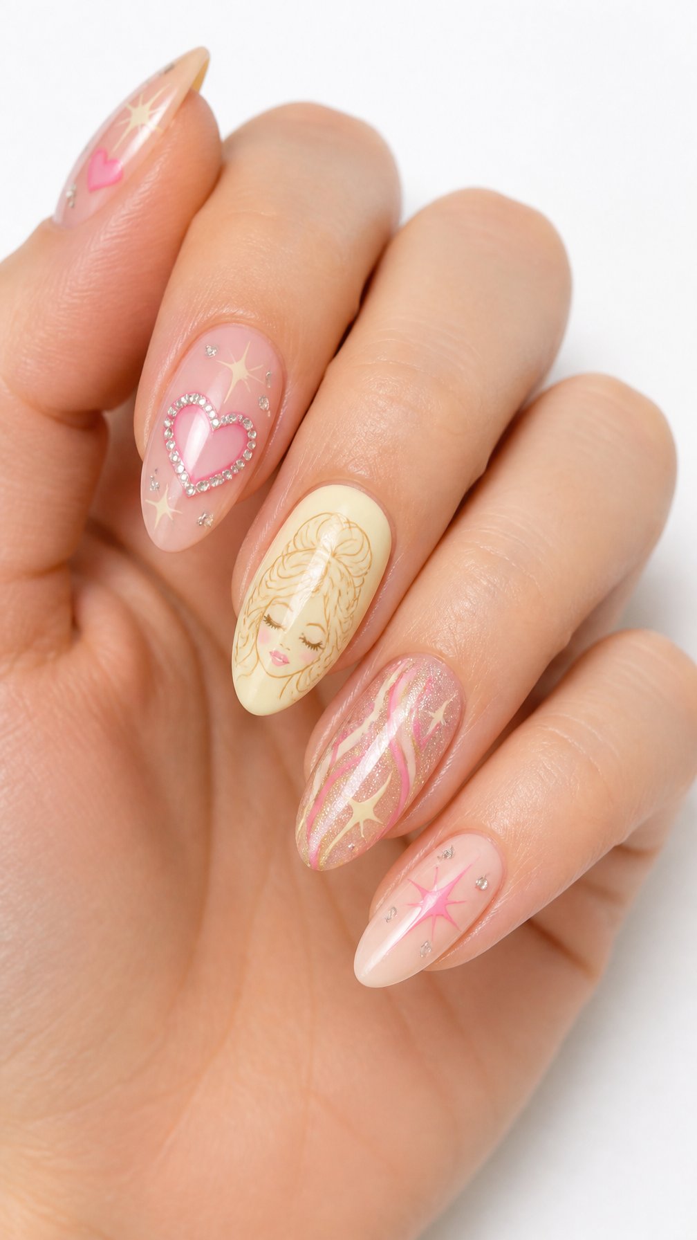 A single hand with glossy pastel nails decorated with sparkles, hearts, swirls, and delicate accents against a white background.