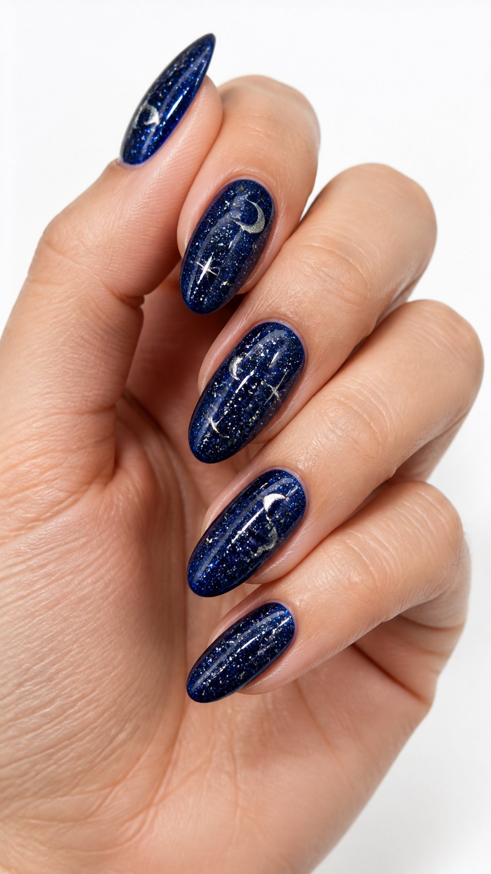 A single hand with glossy navy glitter nails decorated with small silver stars on a white background.