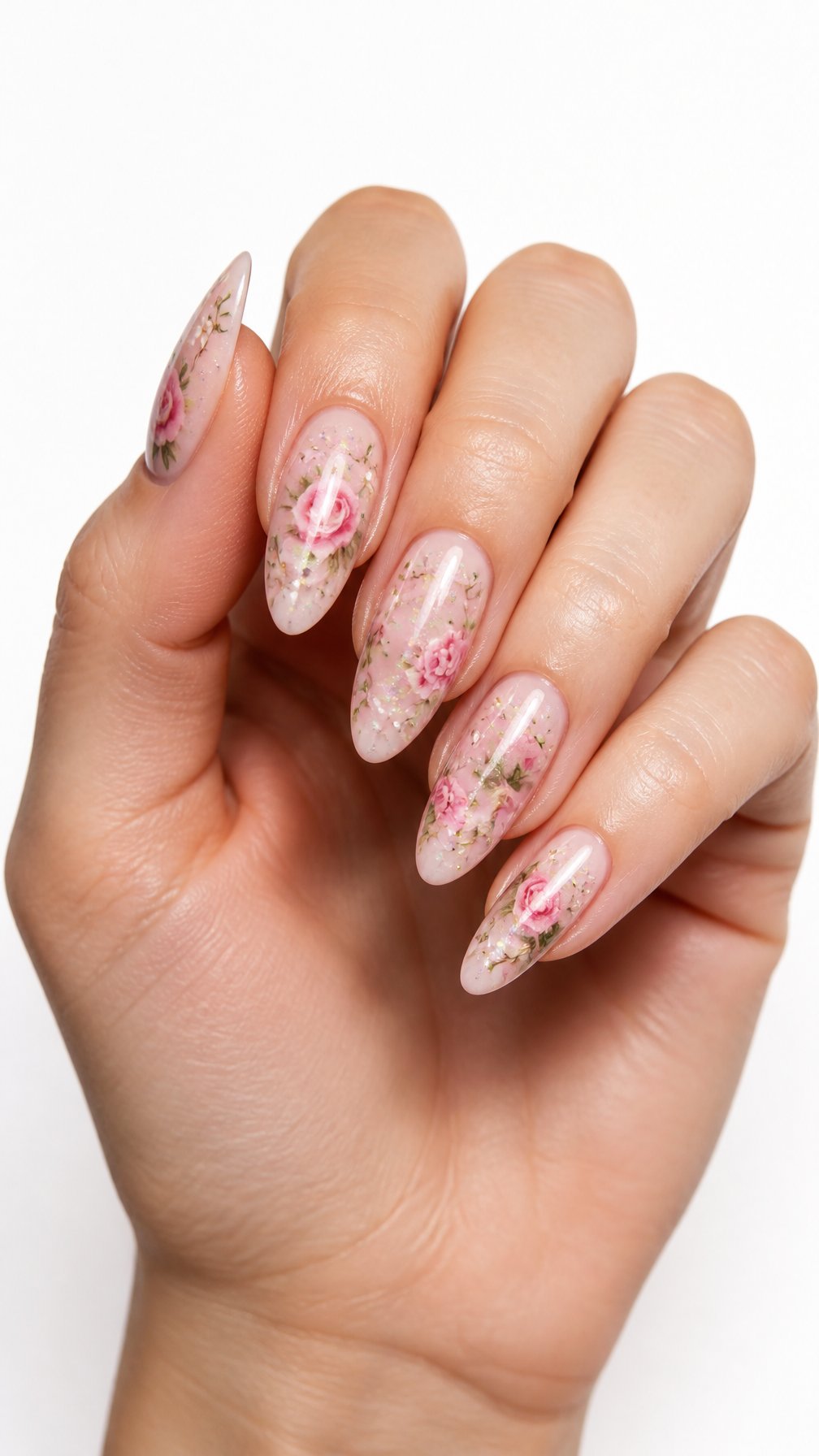 A single hand displays glossy almond-shaped nails decorated with delicate pink roses and green leaves.