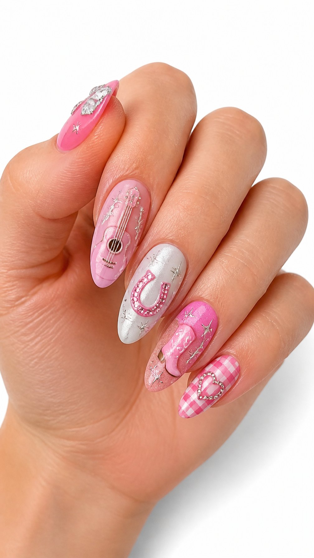 A single hand with long pink and white decorated nails is shown against a plain white background.