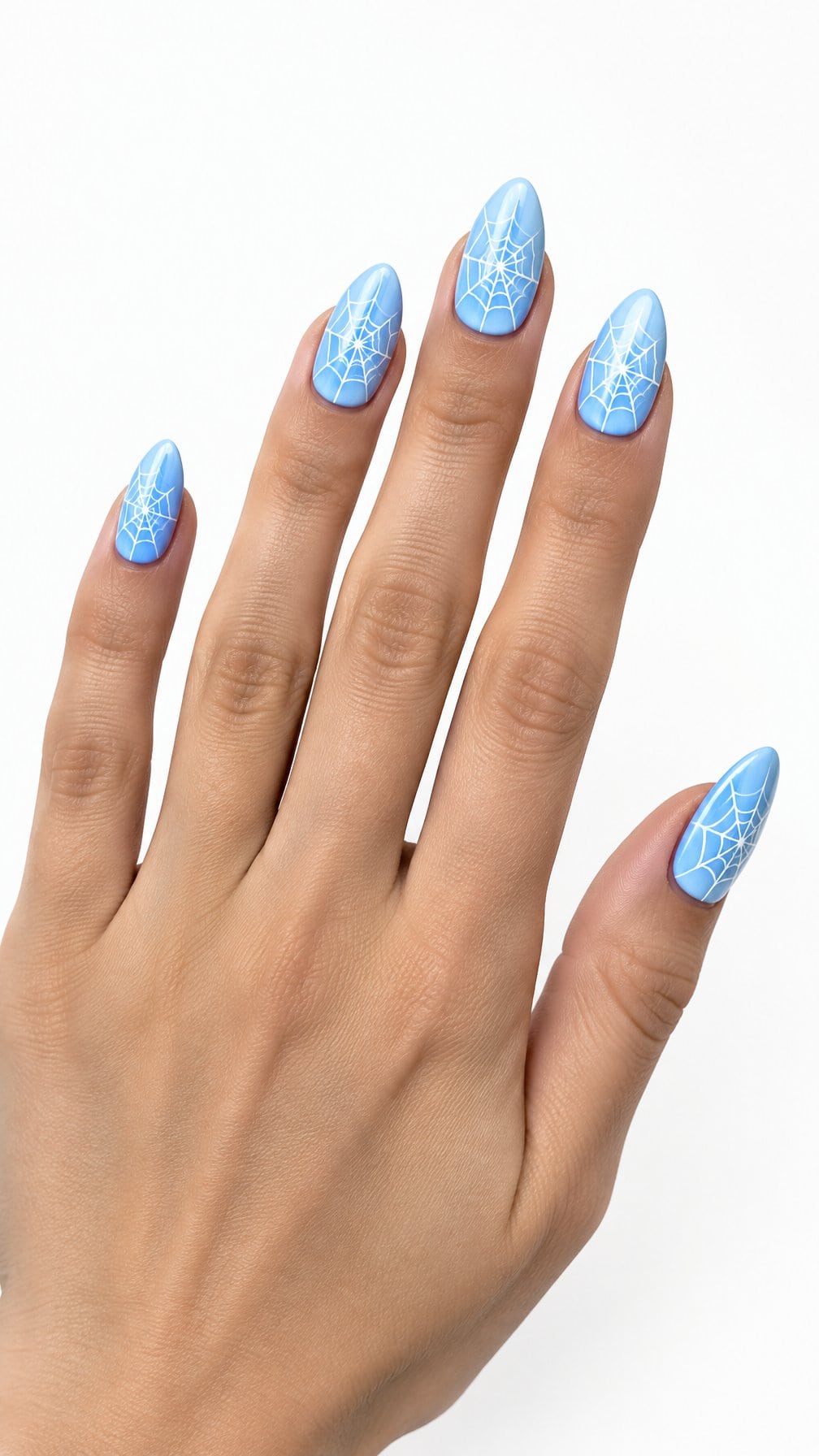 Glossy baby blue nails decorated with delicate white spider web designs