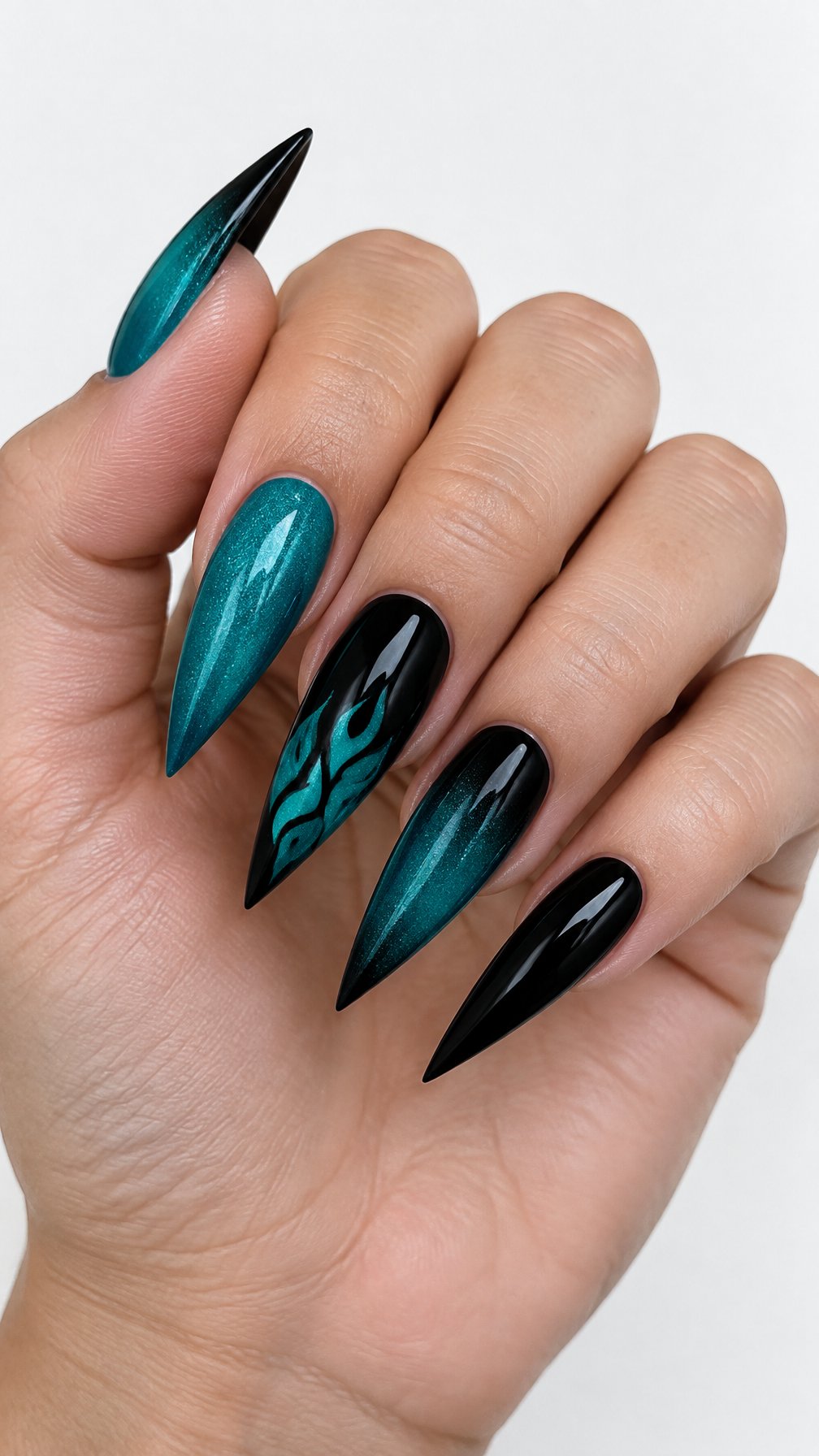 Long black and teal stiletto-shaped gel nails