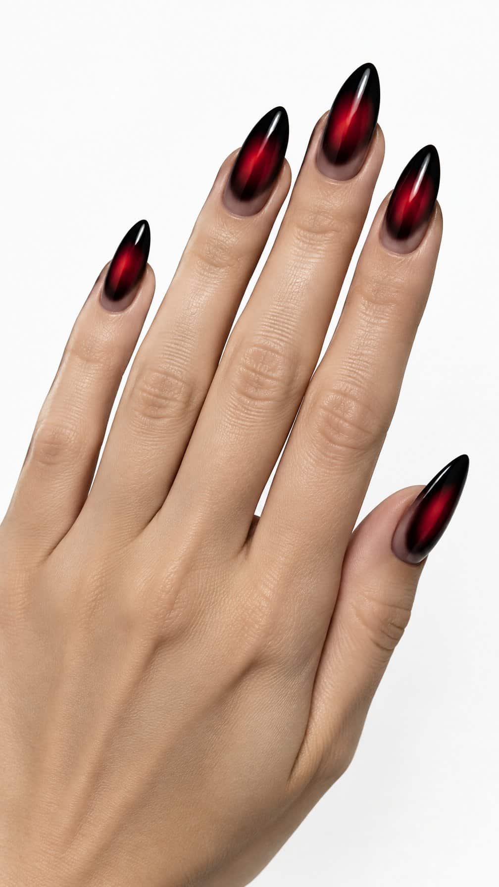 Glossy black French-tip nails featuring smoky red centers