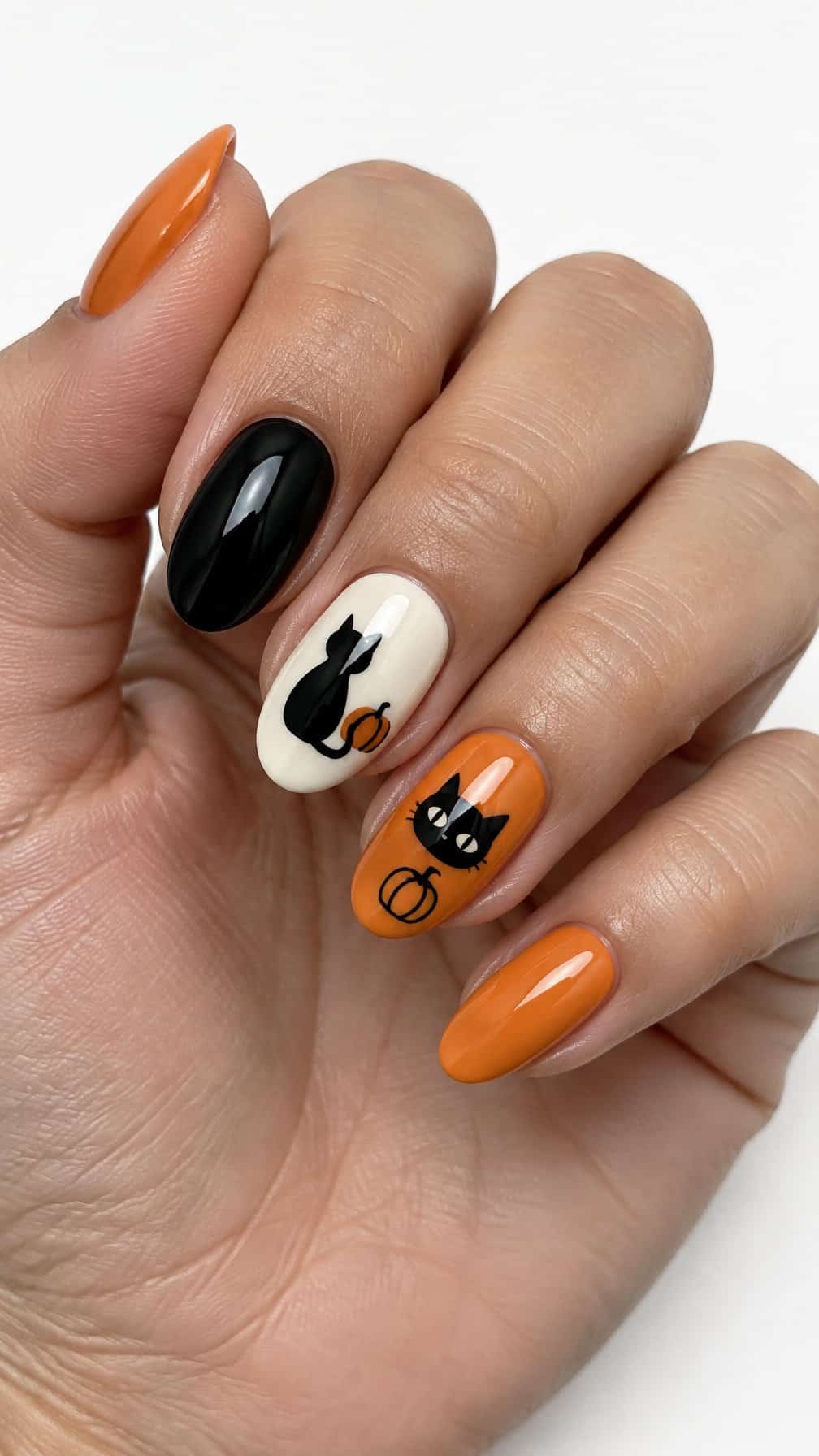 Glossy black, orange, and ivory Halloween nails featuring pumpkins and black cat designs