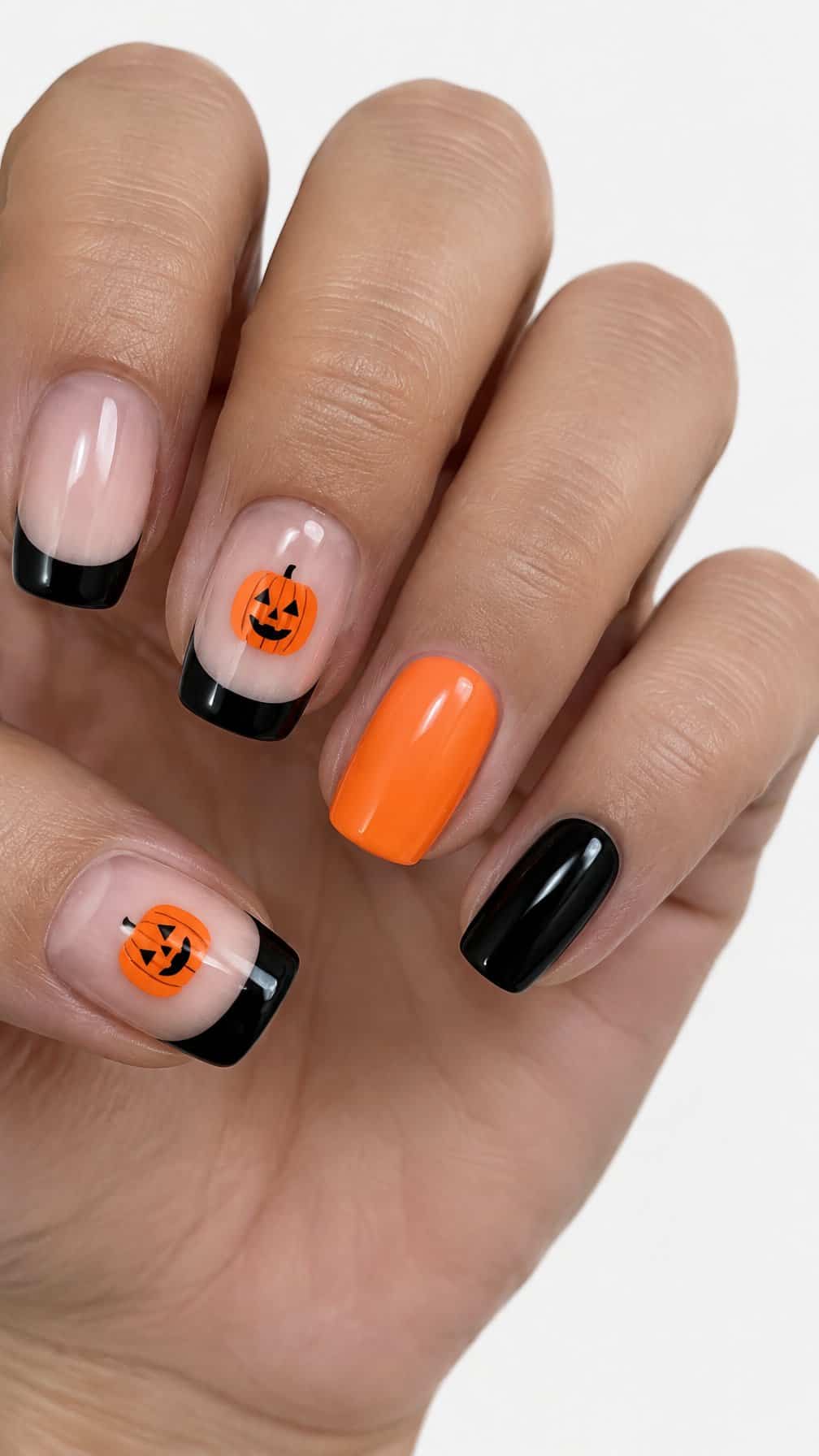 Black French-tip nails and neon orange pumpkin-face designs