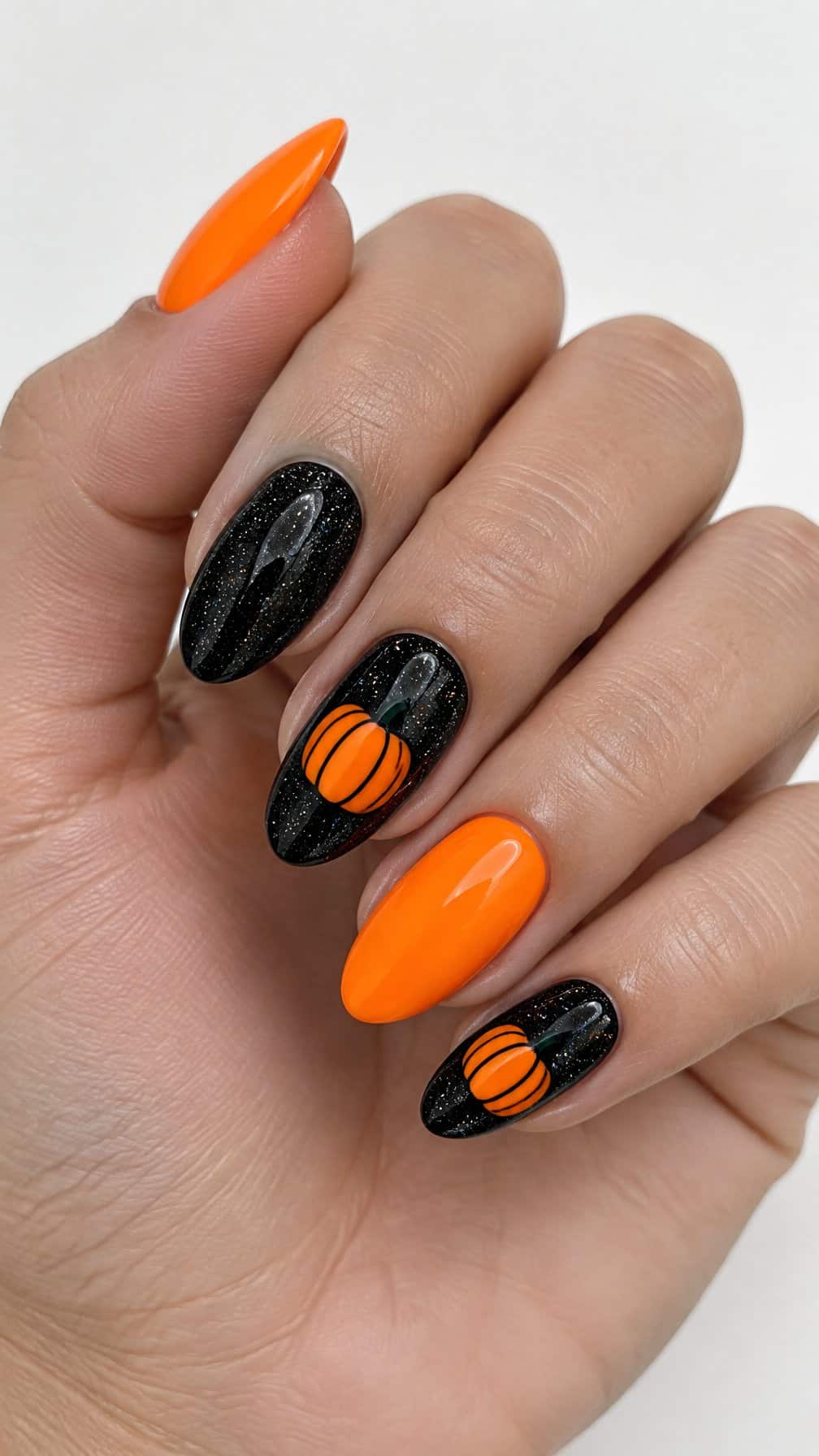 Glossy black glitter nails and neon orange pumpkin designs on a few accent nails