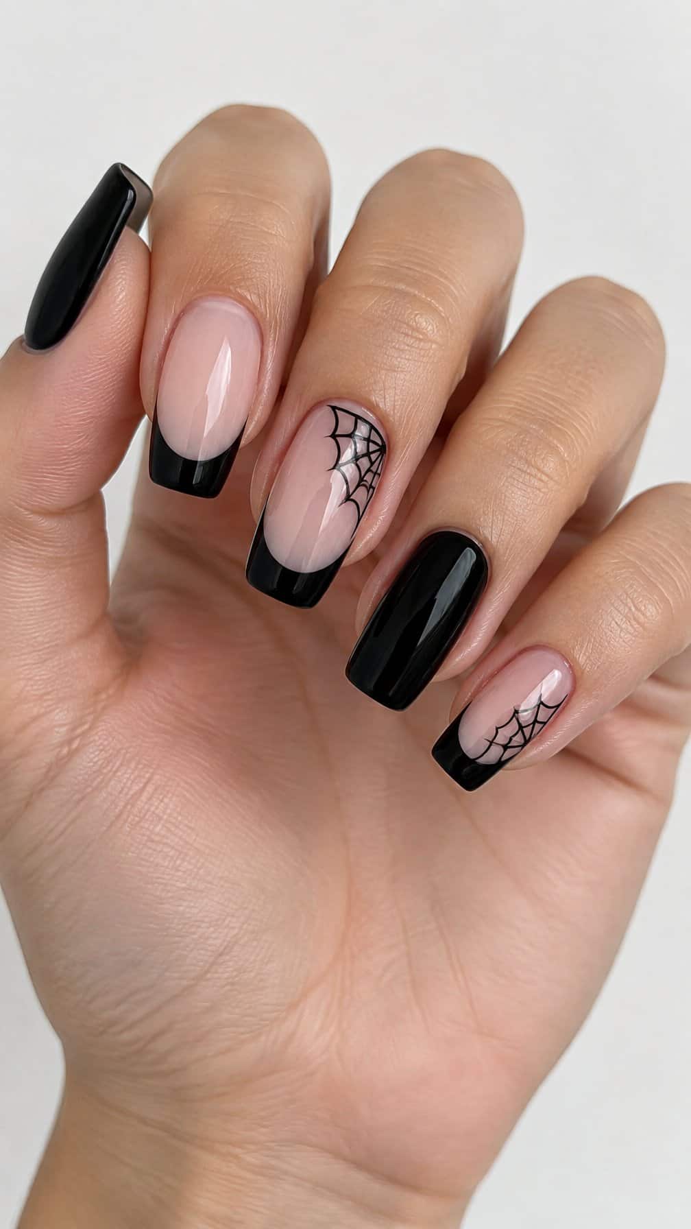 Glossy black spiderweb French tip nails