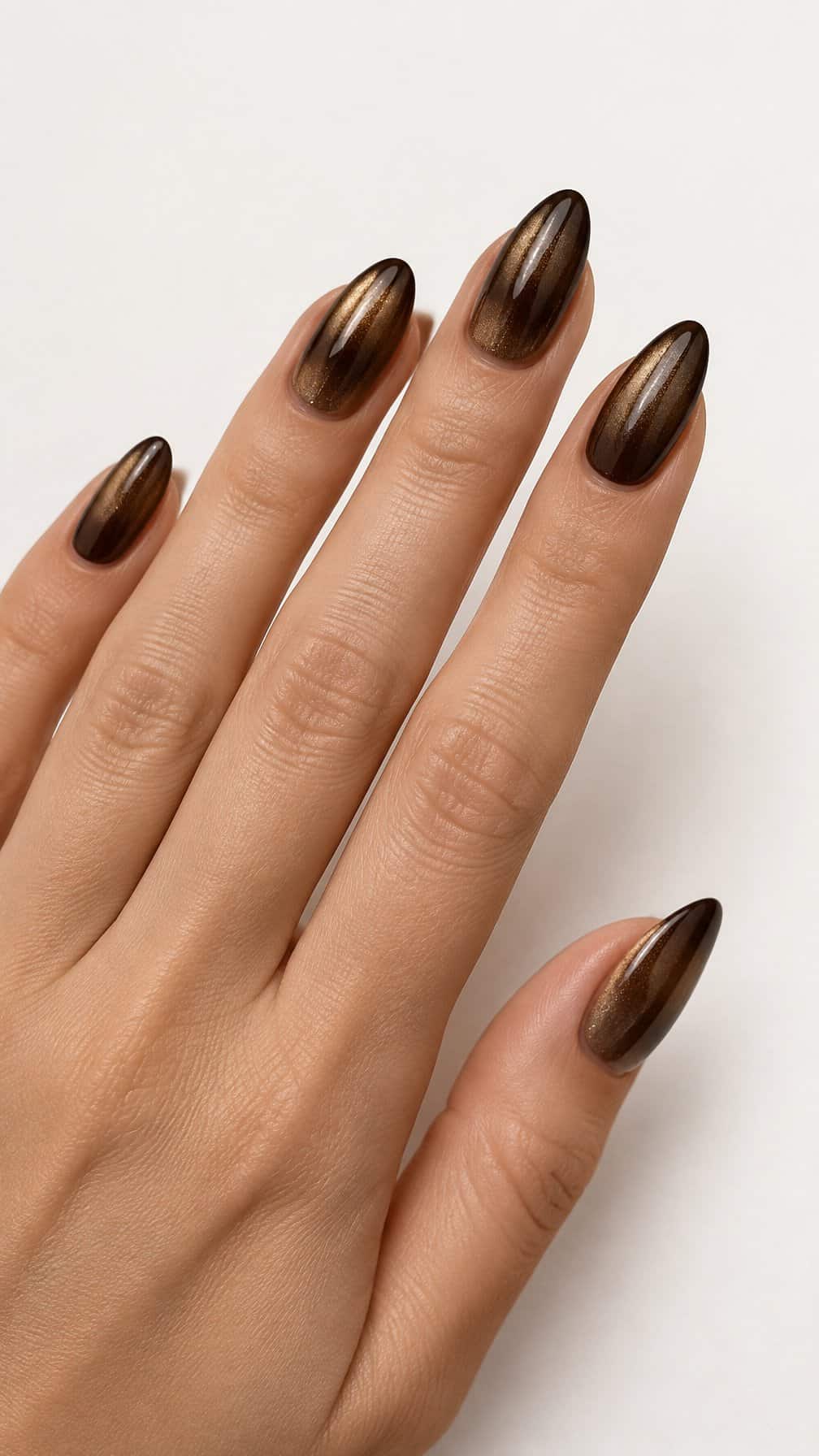 Glossy golden bronze and dark brown ombre almond-shaped nails