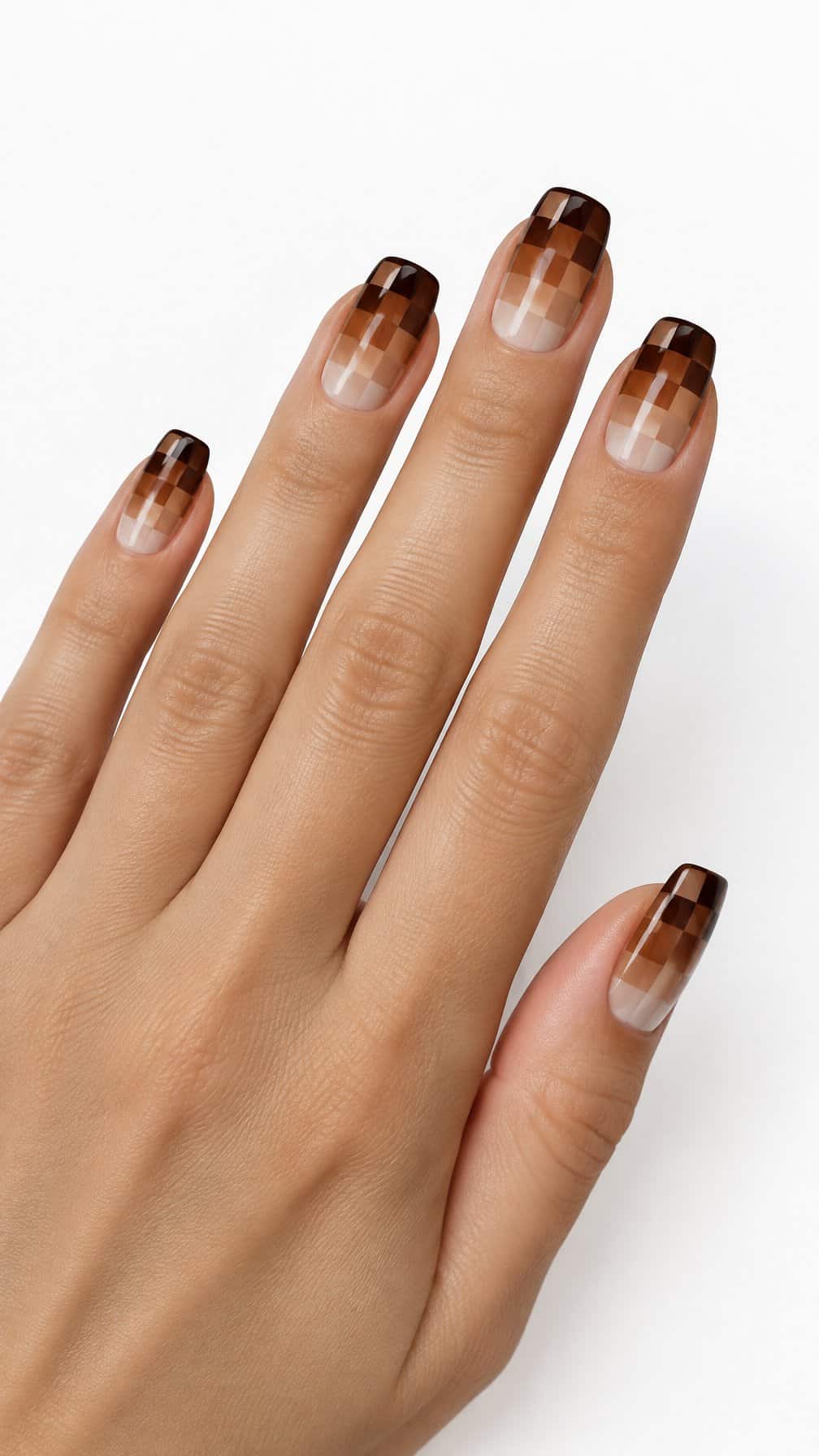 Glossy brown and beige checkerboard ombre manicured nails
