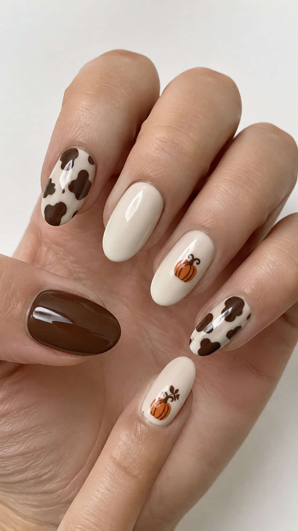 Glossy brown and cream cow-print nails with tiny orange pumpkin designs