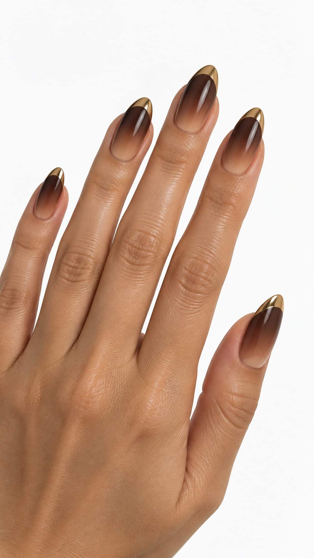 Brown ombre nails and shiny gold French tips