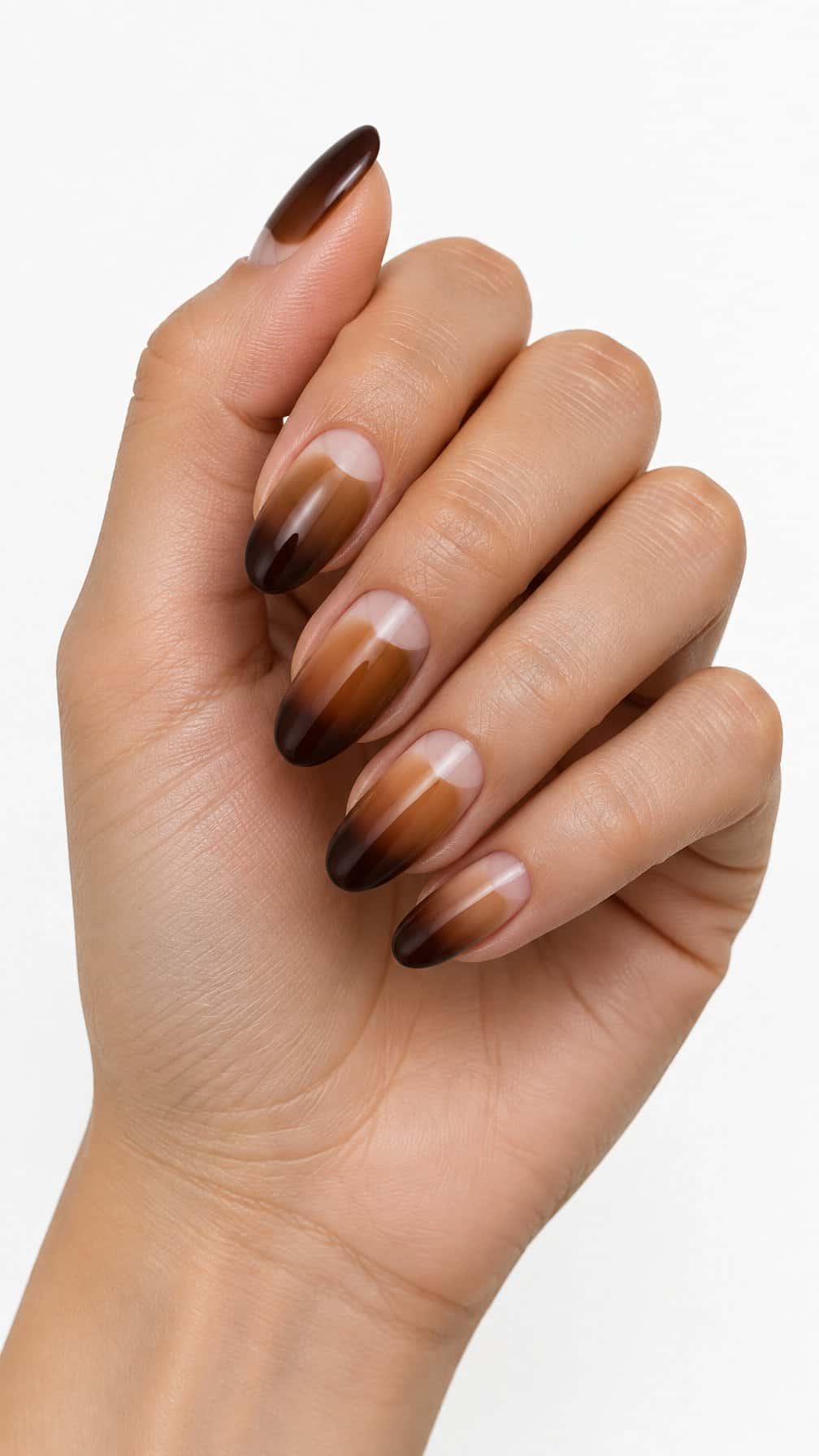 Glossy brown ombre nails with natural half-moon accents