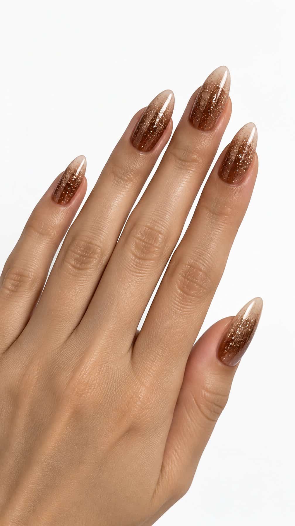 Almond-shaped brown glitter ombre manicured nails