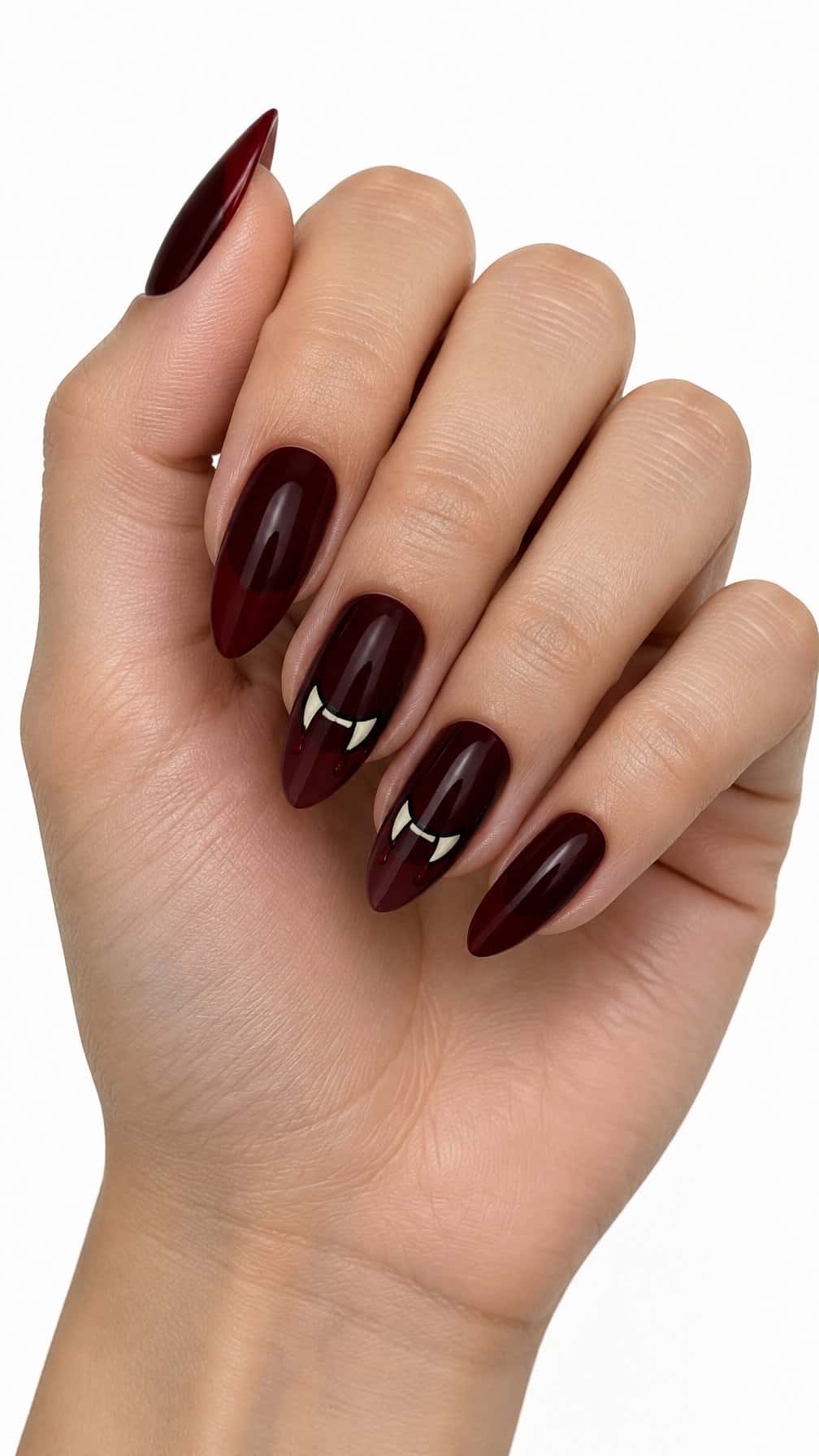 Glossy deep burgundy French-tip nails and small vampire fang designs