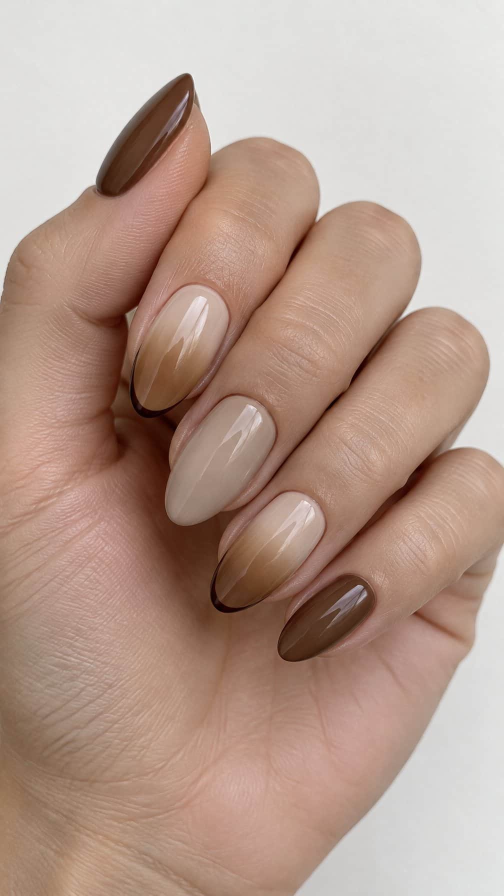Glossy brown ombre nails and thin dark French tips
