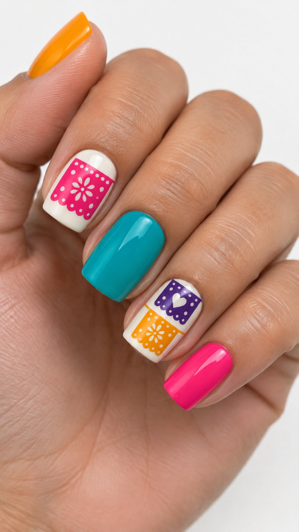 Colorful glossy nails decorated with papel picado-inspired patterns