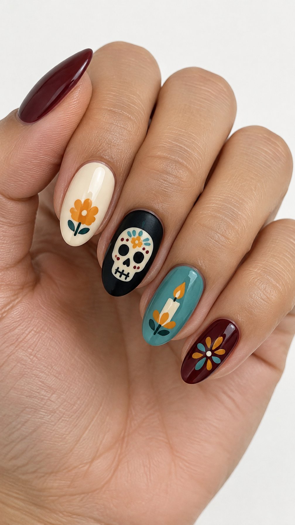 Five colorful Día de los Muertos-inspired decorated gel nails