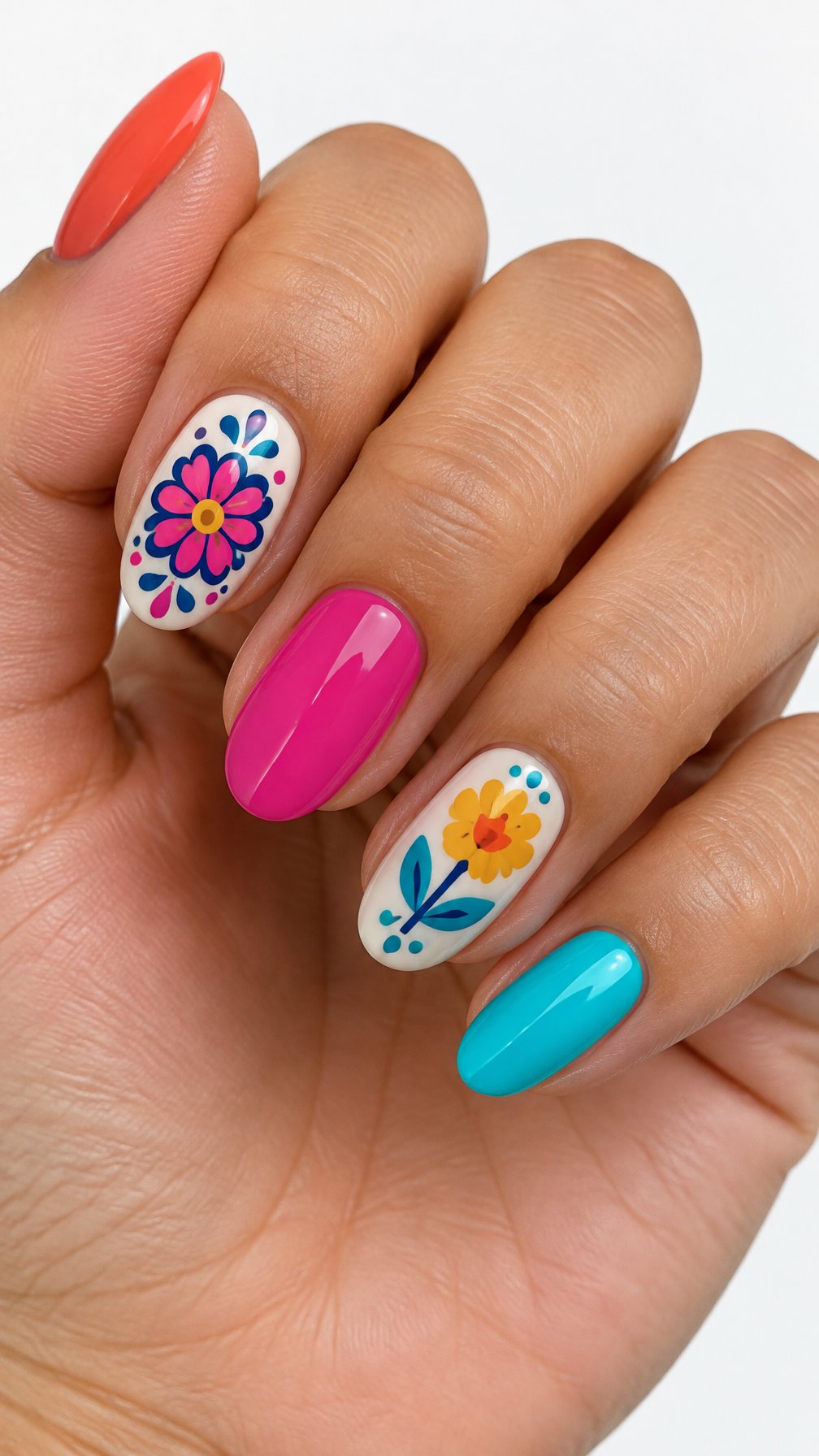 Brightly colored glossy nails with simple floral designs