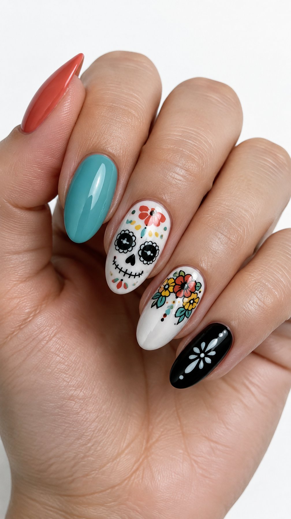 Glossy Día de los Muertos-inspired nail art featuring a Catrina face, flowers, and solid colorful nails