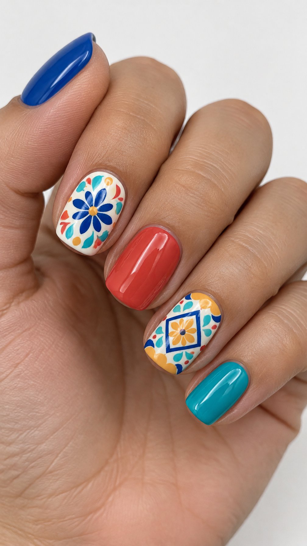 Colorful glossy patterned and solid-color manicure