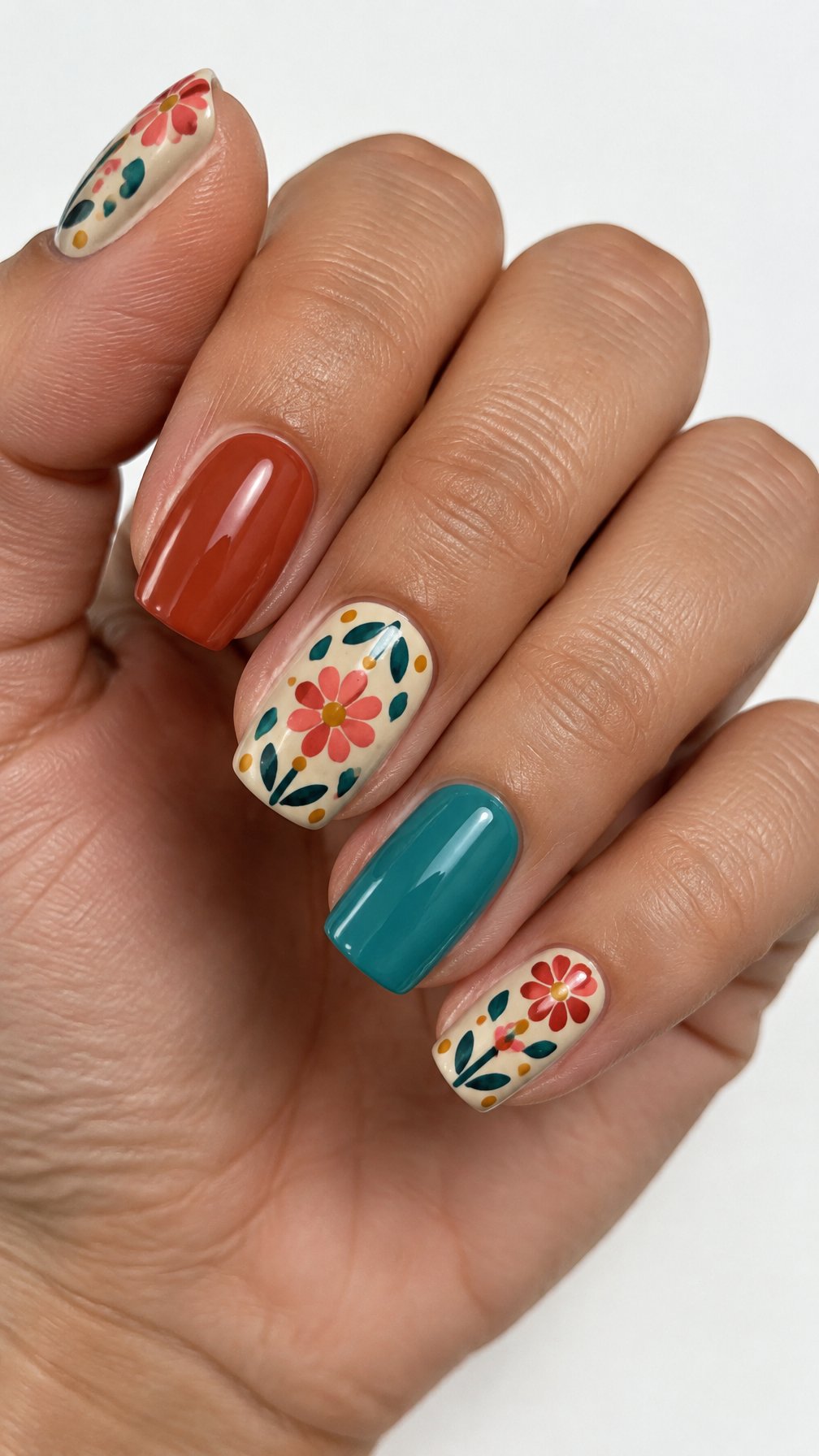 Colorful floral nail art and glossy gel polish