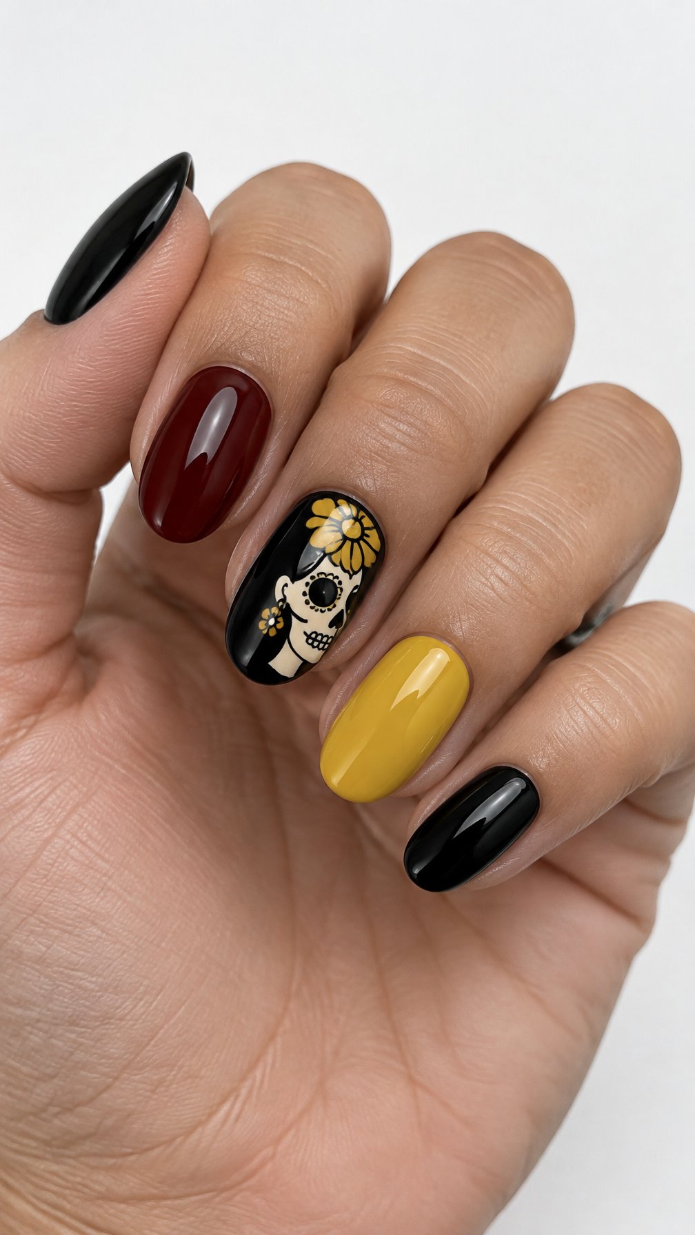 Glossy black, burgundy, and ivory Día de los Muertos-inspired nail designs