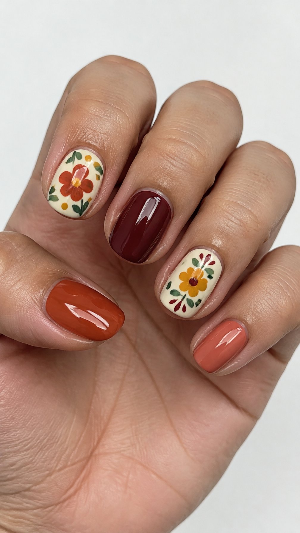 Colorful floral gel-painted nails