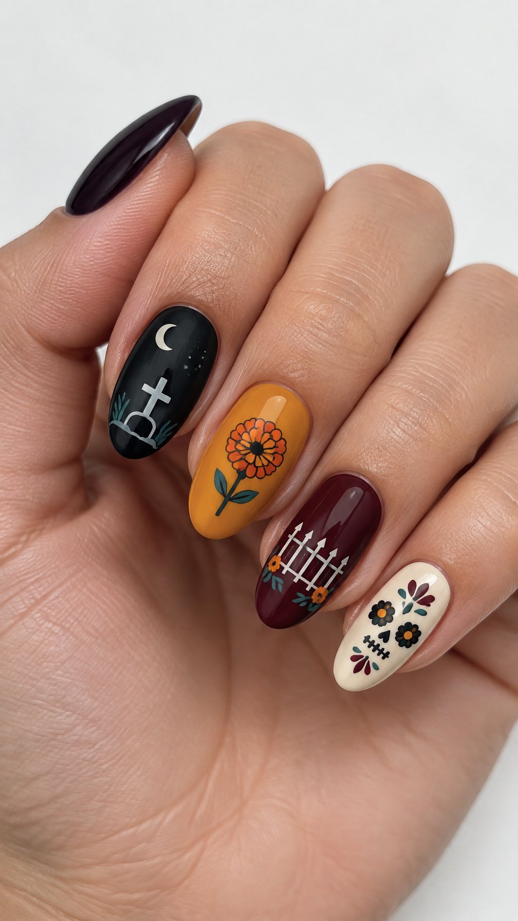Glossy cemetery-themed Day of the Dead nail art