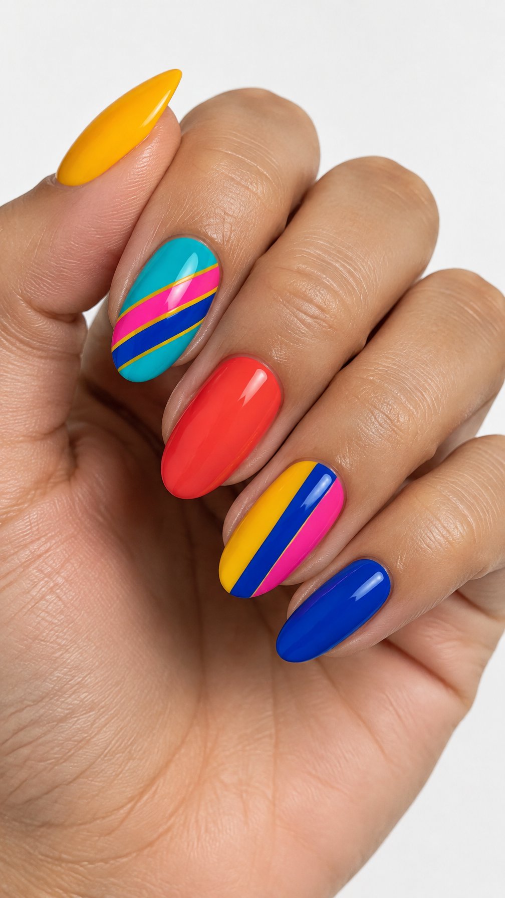 Colorful glossy striped and solid-color manicure