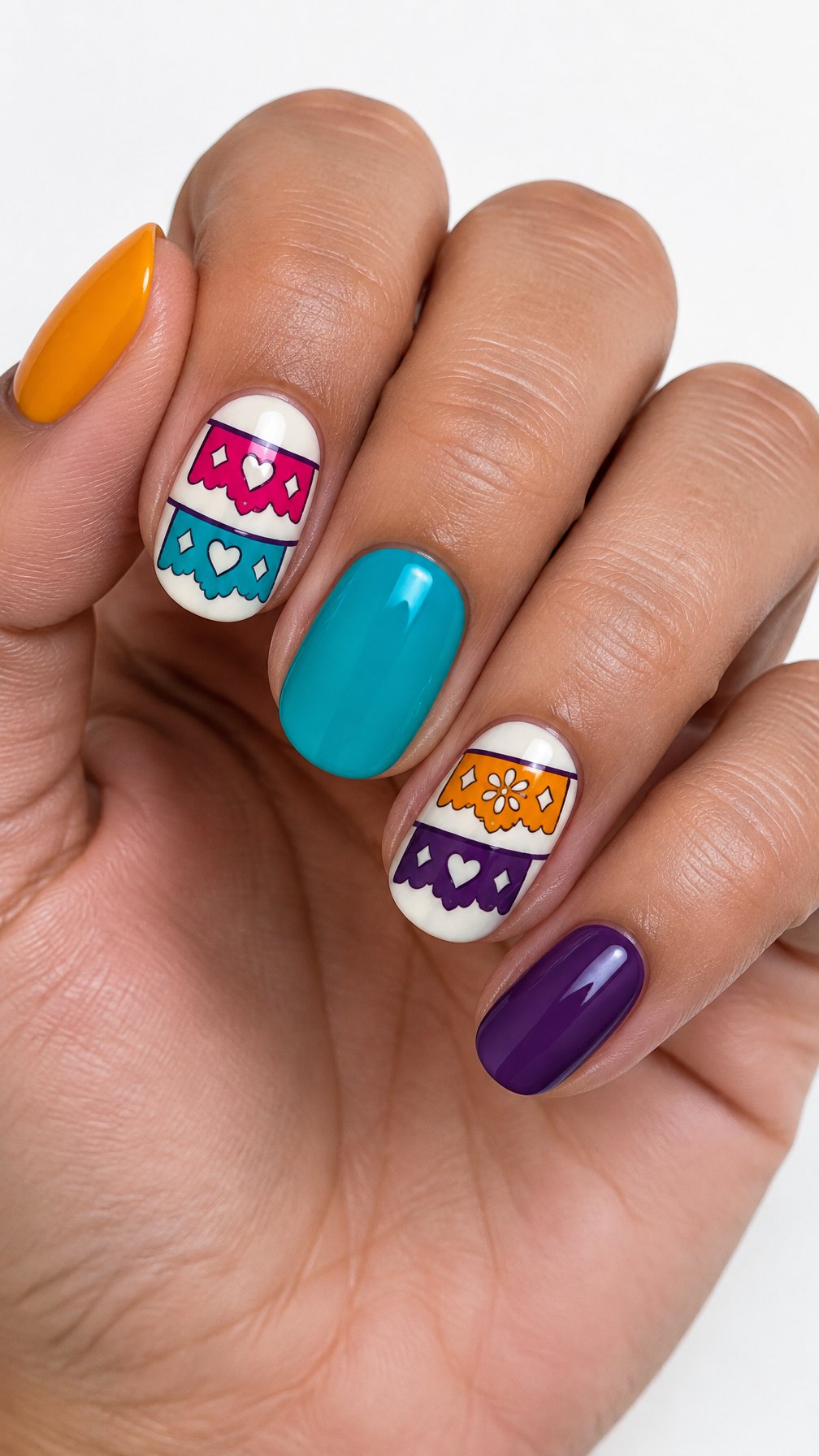 Colorful papel picado-inspired nail art and glossy solid-color nails
