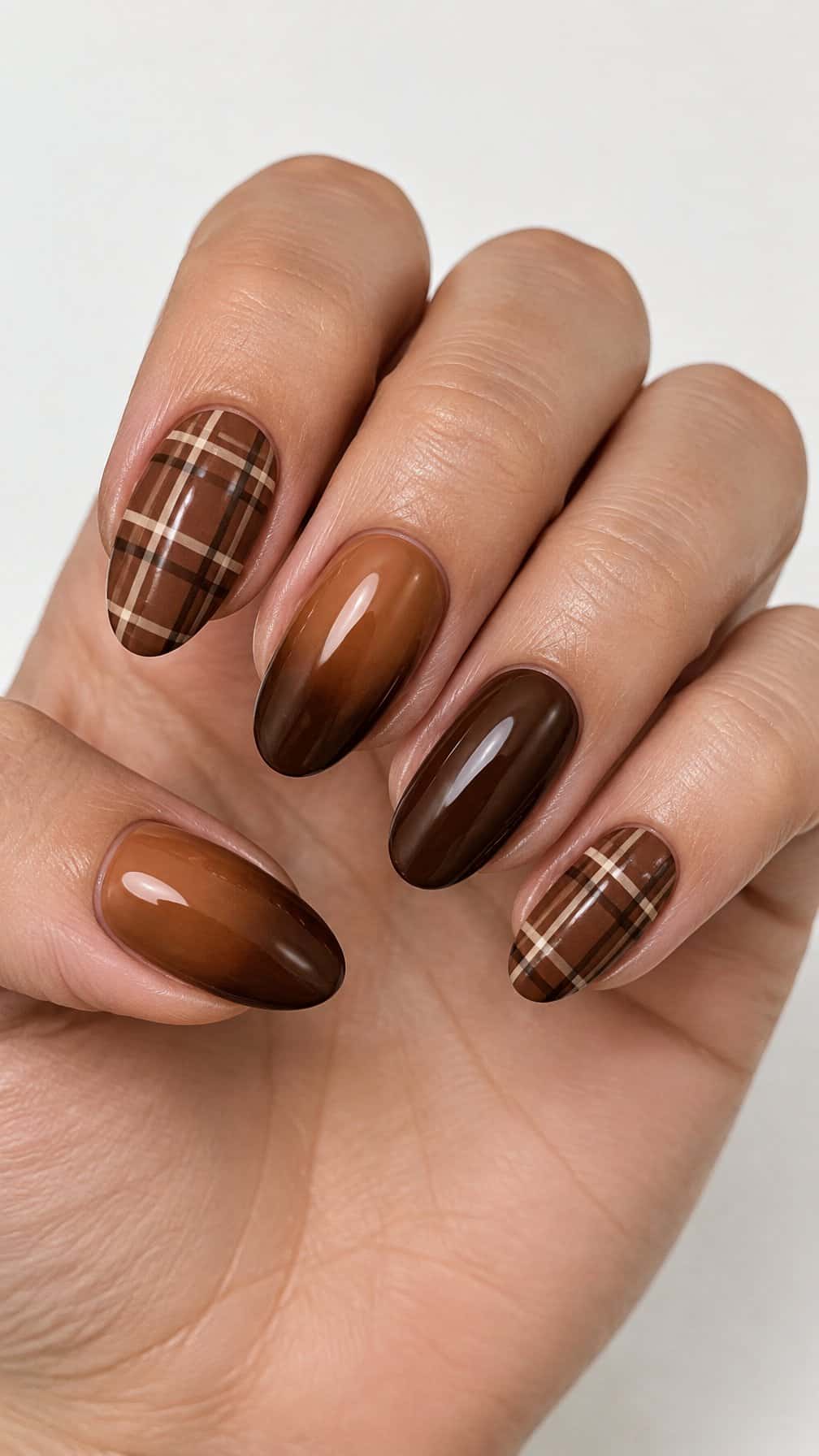 Glossy brown ombre nails and two brown plaid accent nails