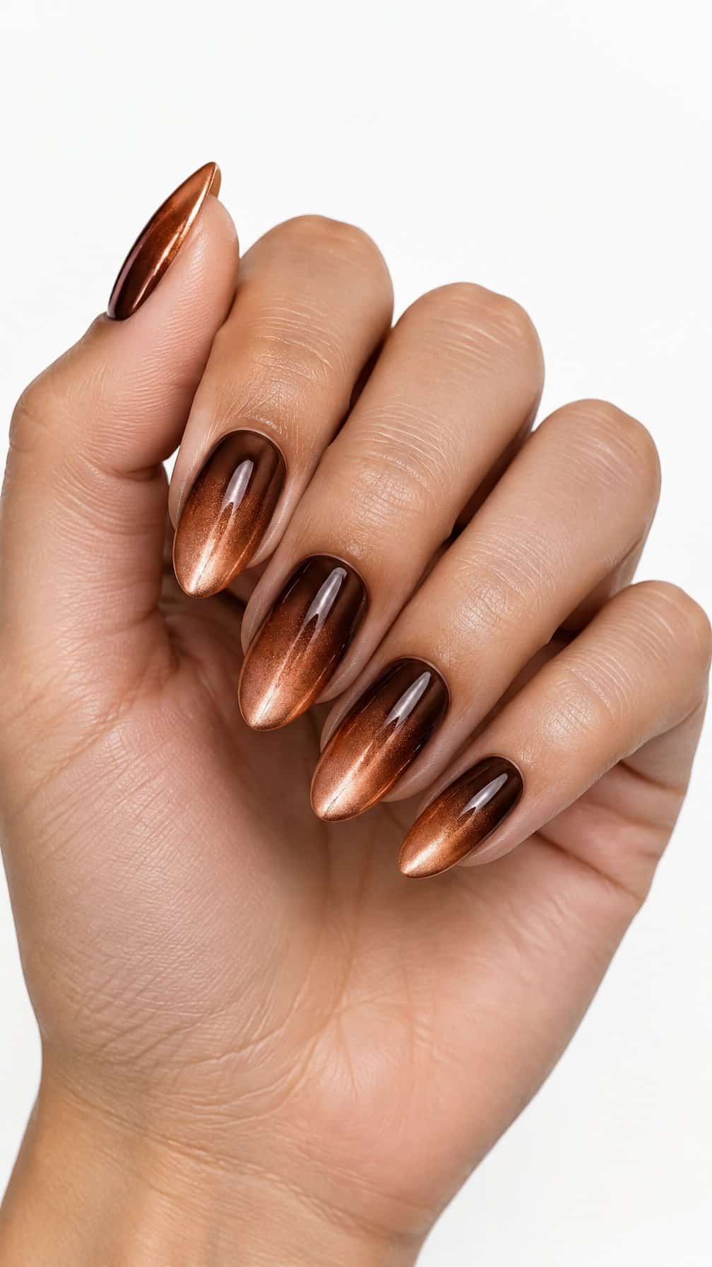 Glossy chestnut brown to metallic copper ombre nails