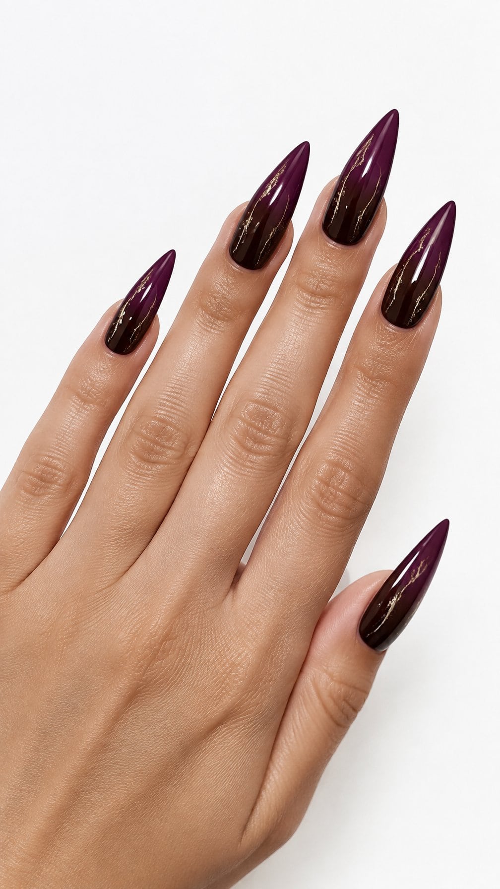 Long pointed nails with a glossy brown and plum gradient
