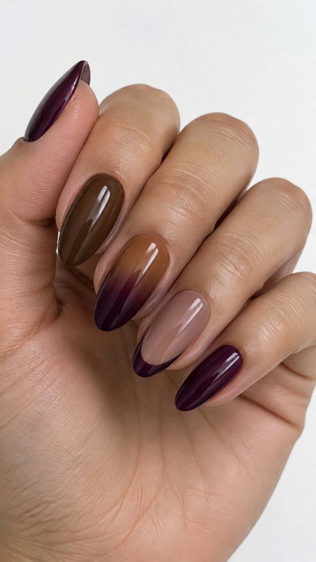 Glossy brown and deep plum manicured nails