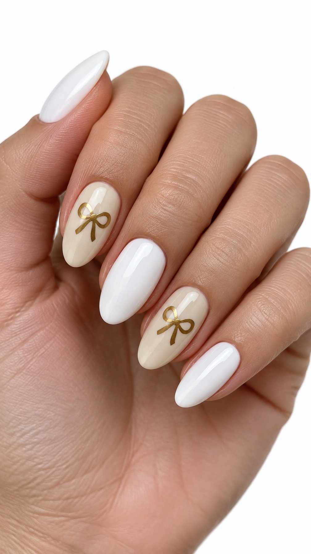 Glossy almond-shaped white nails and small gold bow designs on a few accent nails